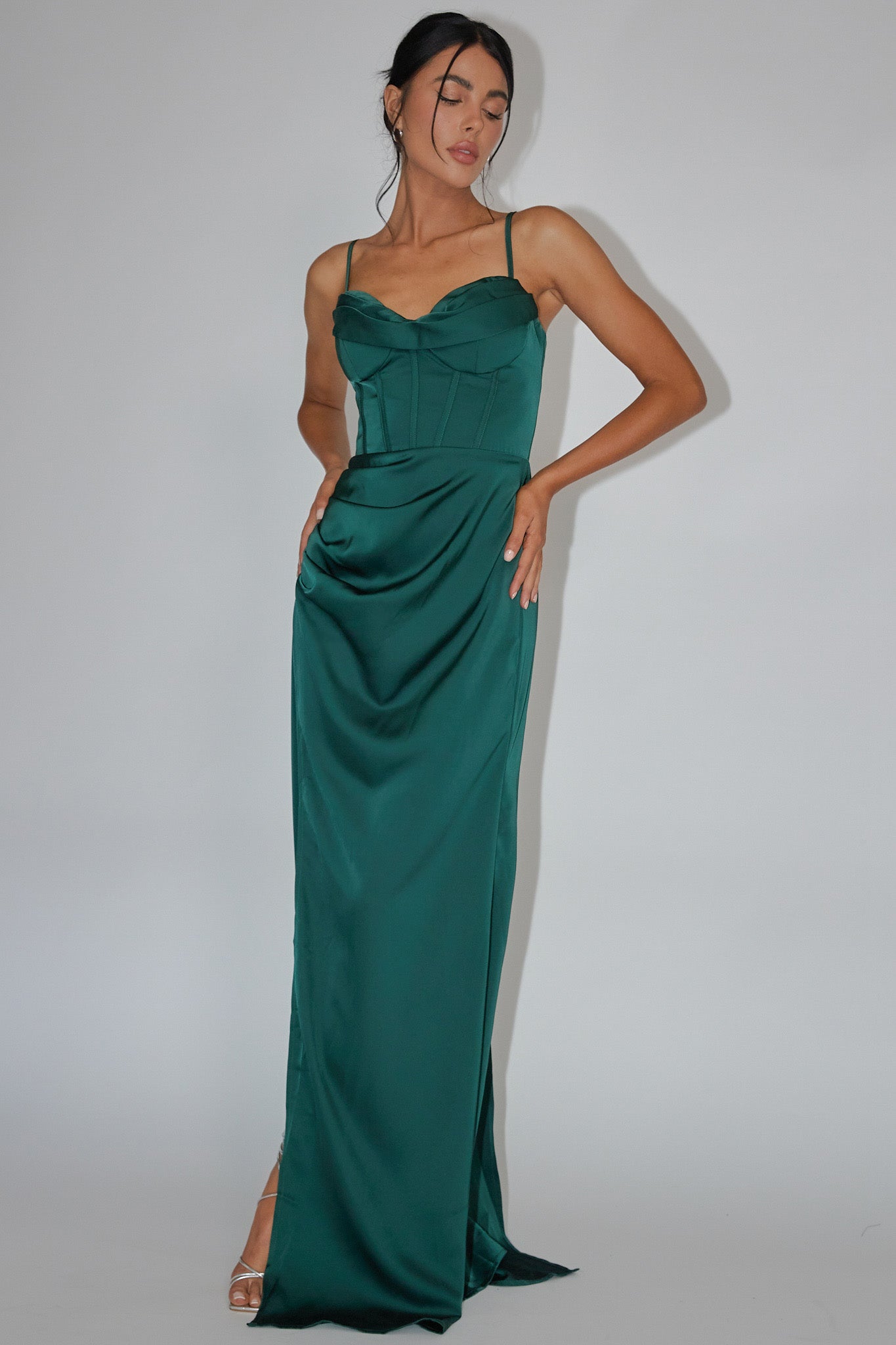 Secret Sweetheart Neckline Split Maxi Dress Hunter Green-Maymioy
