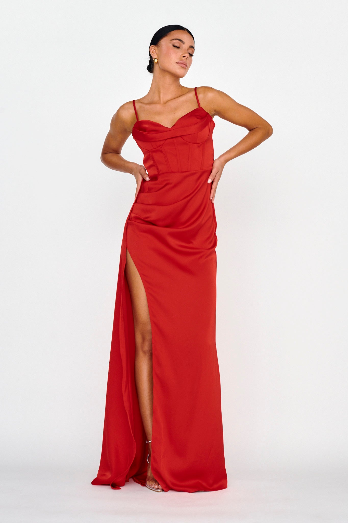 Secret Sweetheart Neckline Split Maxi Dress Red-Maymioy