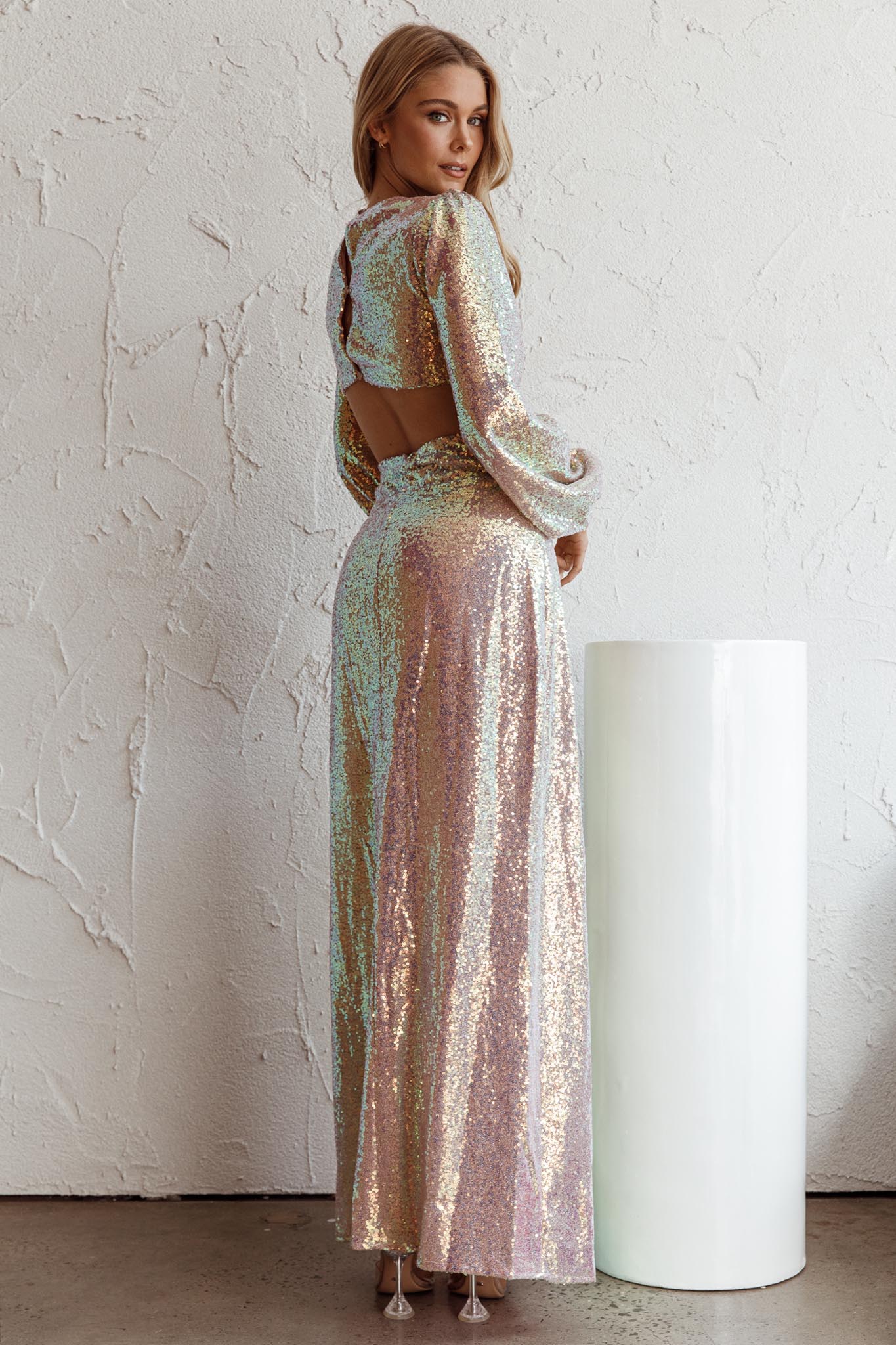 Inna Long Sleeve Cut-Out Maxi Dress Sequin Rose Gold-Maymioy