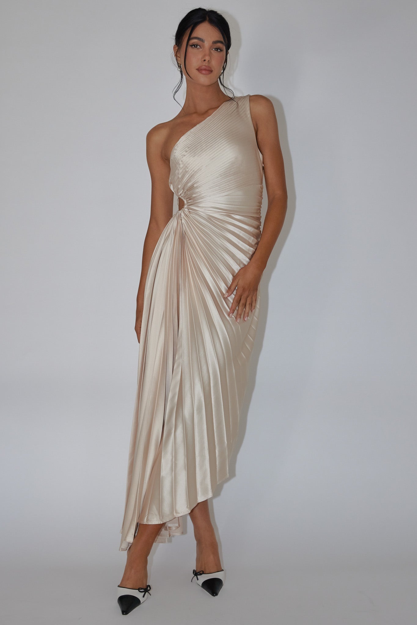 Brooklynn One-Shoulder Accordion Pleat Dress Champagne-Maymioy