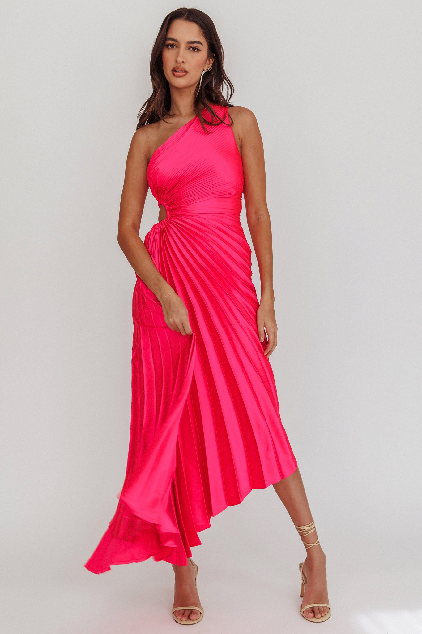 Brooklynn One-Shoulder Accordion Pleat Satin Midi Dress Fuchsia-Maymioy