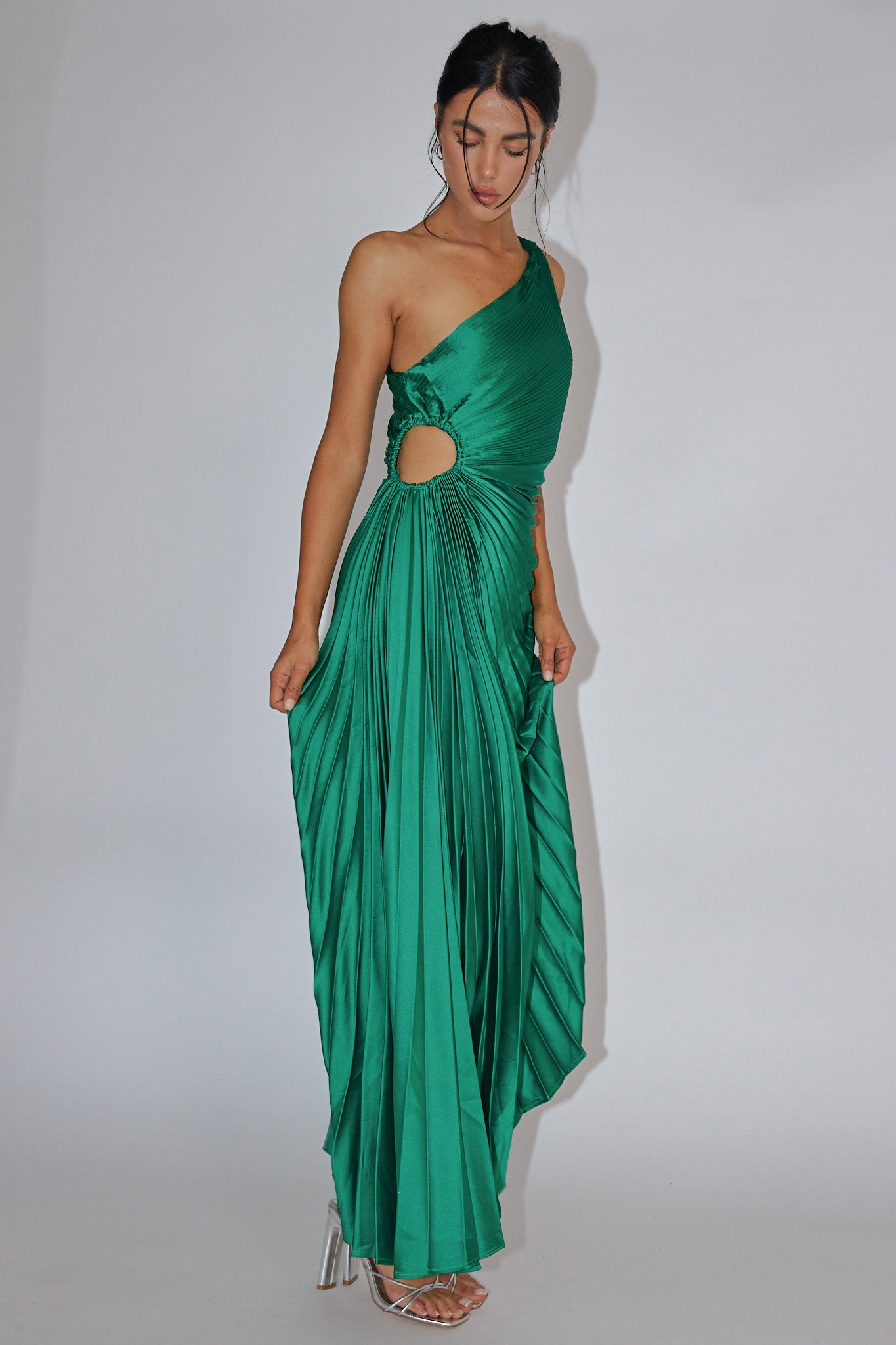 Brooklynn One-Shoulder Accordion Pleat Dress Kelly Green-Maymioy