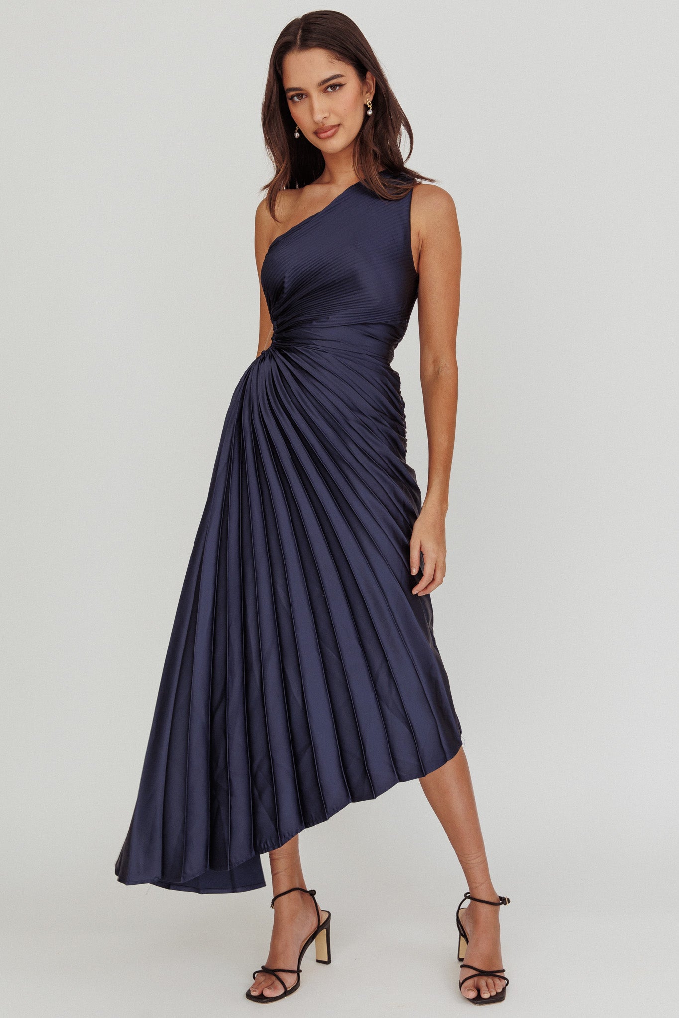 Brooklynn One-Shoulder Accordion Pleat Midi Dress Navy-Maymioy