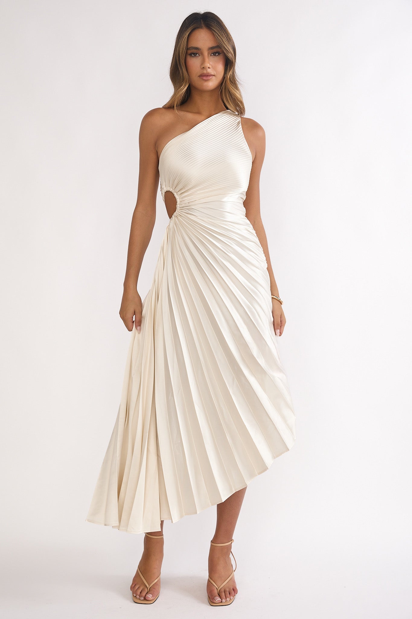 Brooklynn One-Shoulder Accordion Pleat Dress Champagne-Maymioy