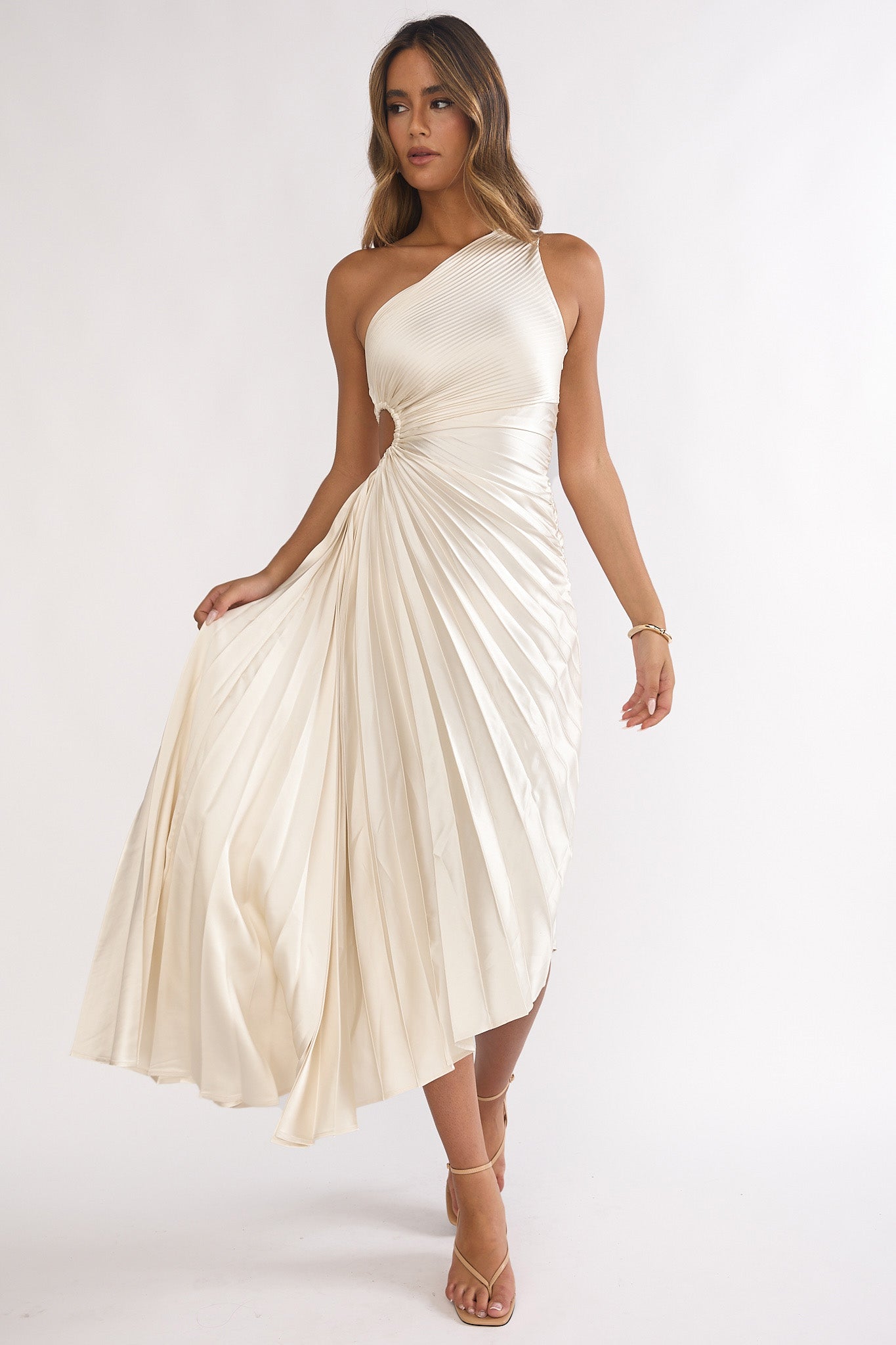 Brooklynn One-Shoulder Accordion Pleat Dress Champagne-Maymioy