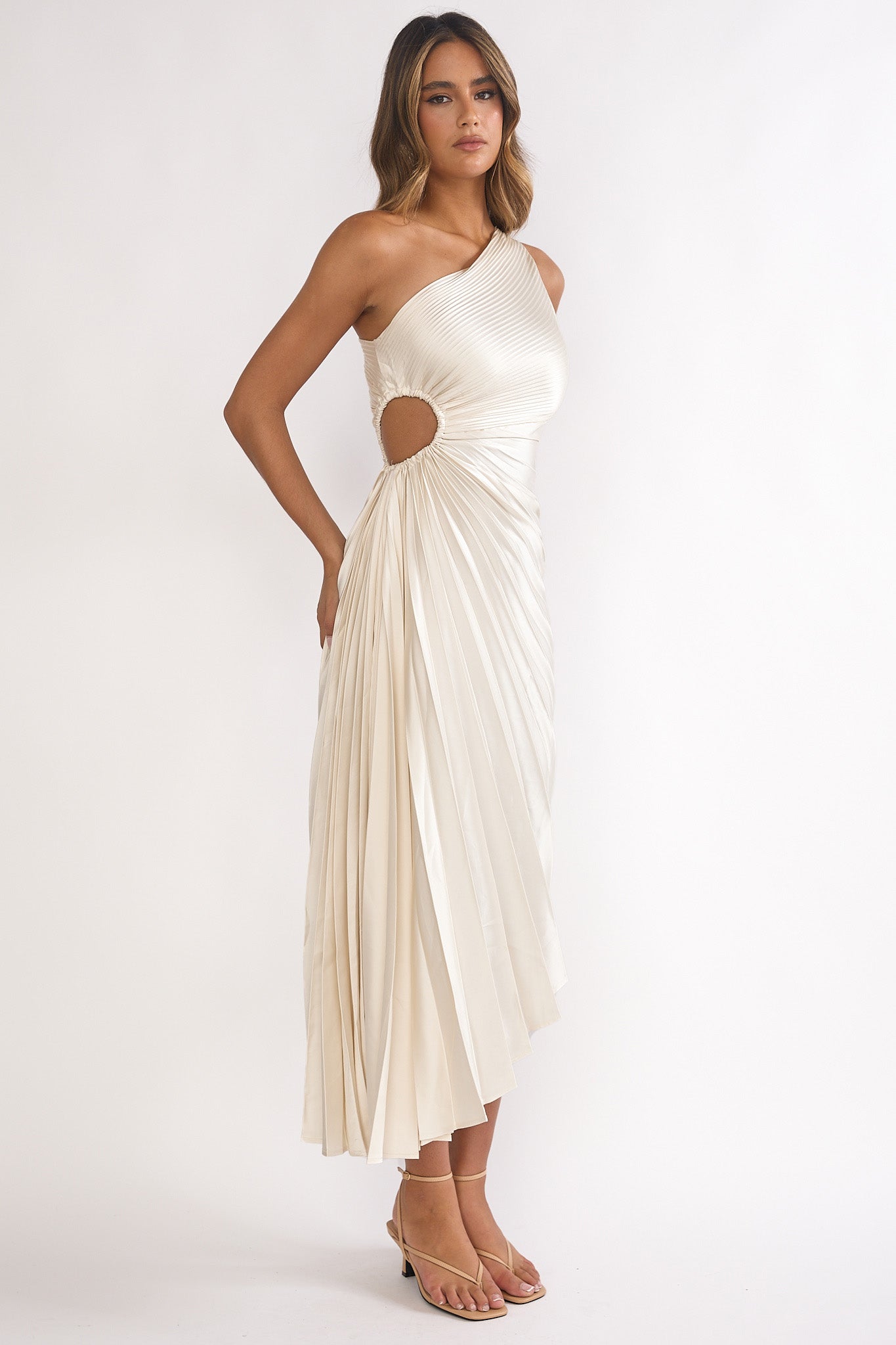 Brooklynn One-Shoulder Accordion Pleat Dress Champagne-Maymioy