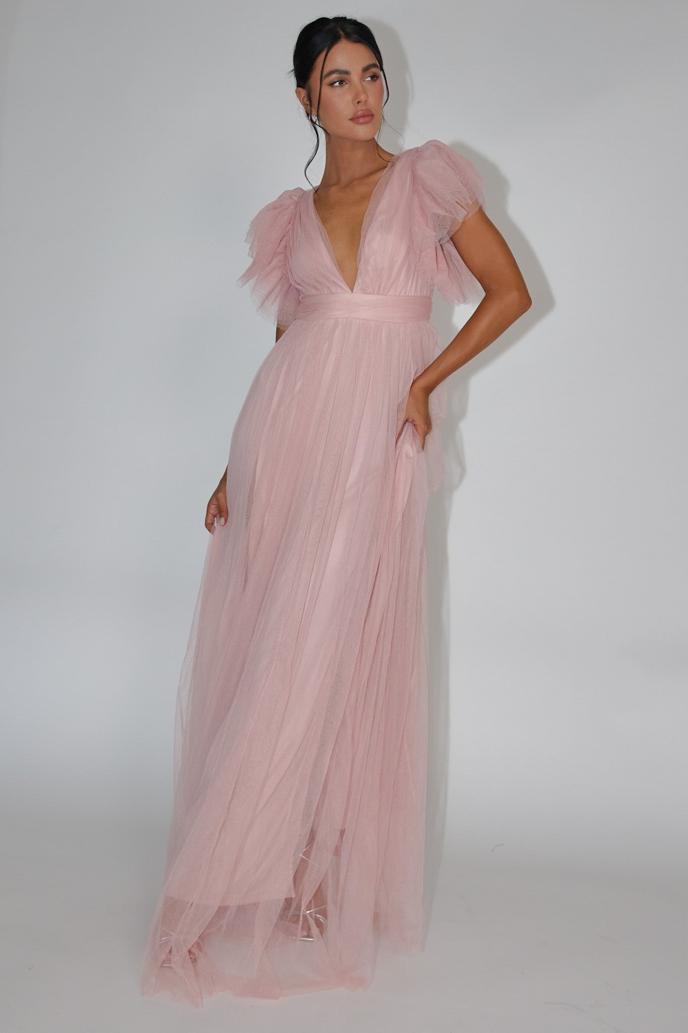 Heaven's Love Deep V-Neck Tulle Maxi Dress Blush-Maymioy