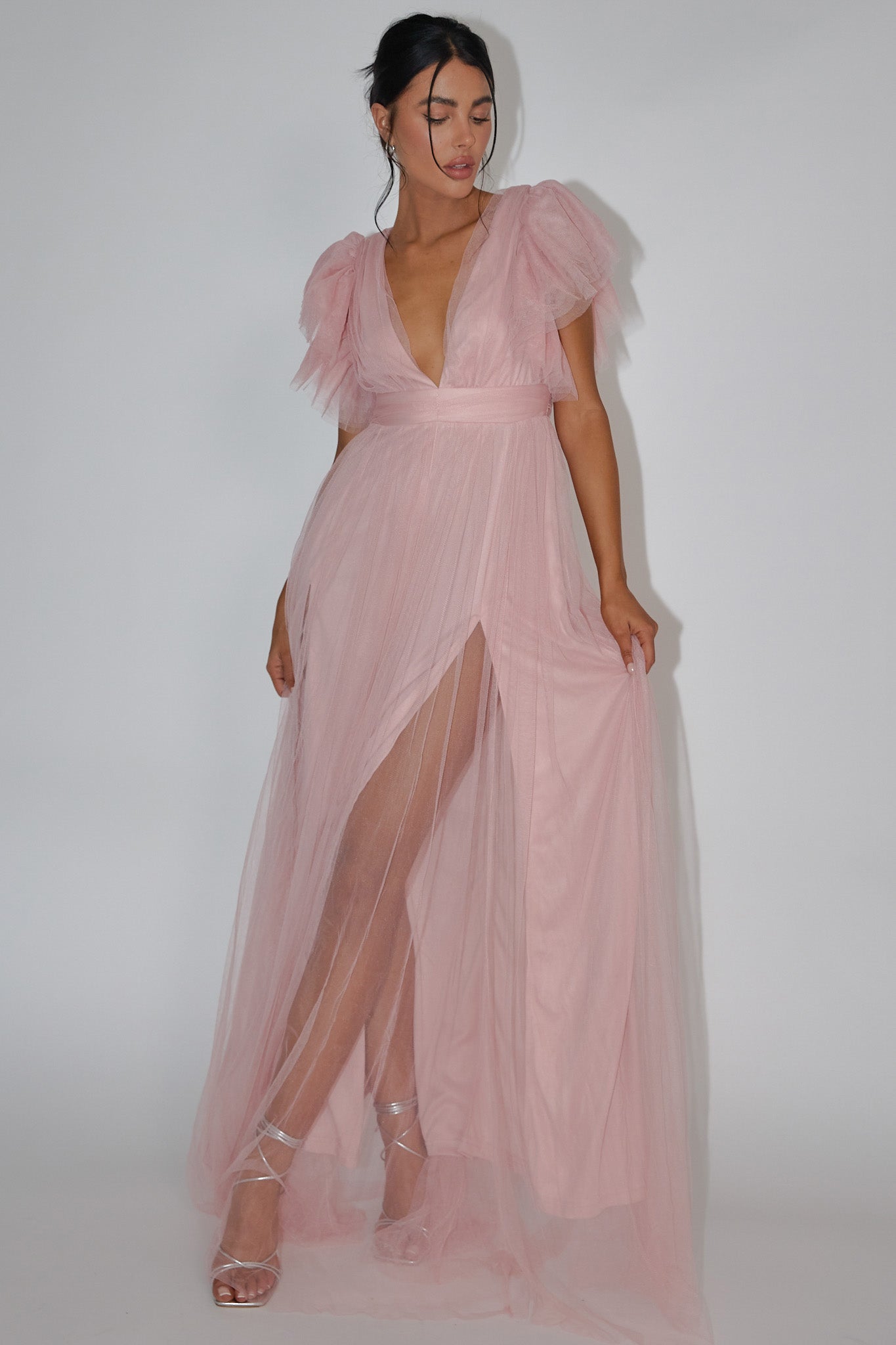 Heaven's Love Deep V-Neck Tulle Maxi Dress Blush-Maymioy