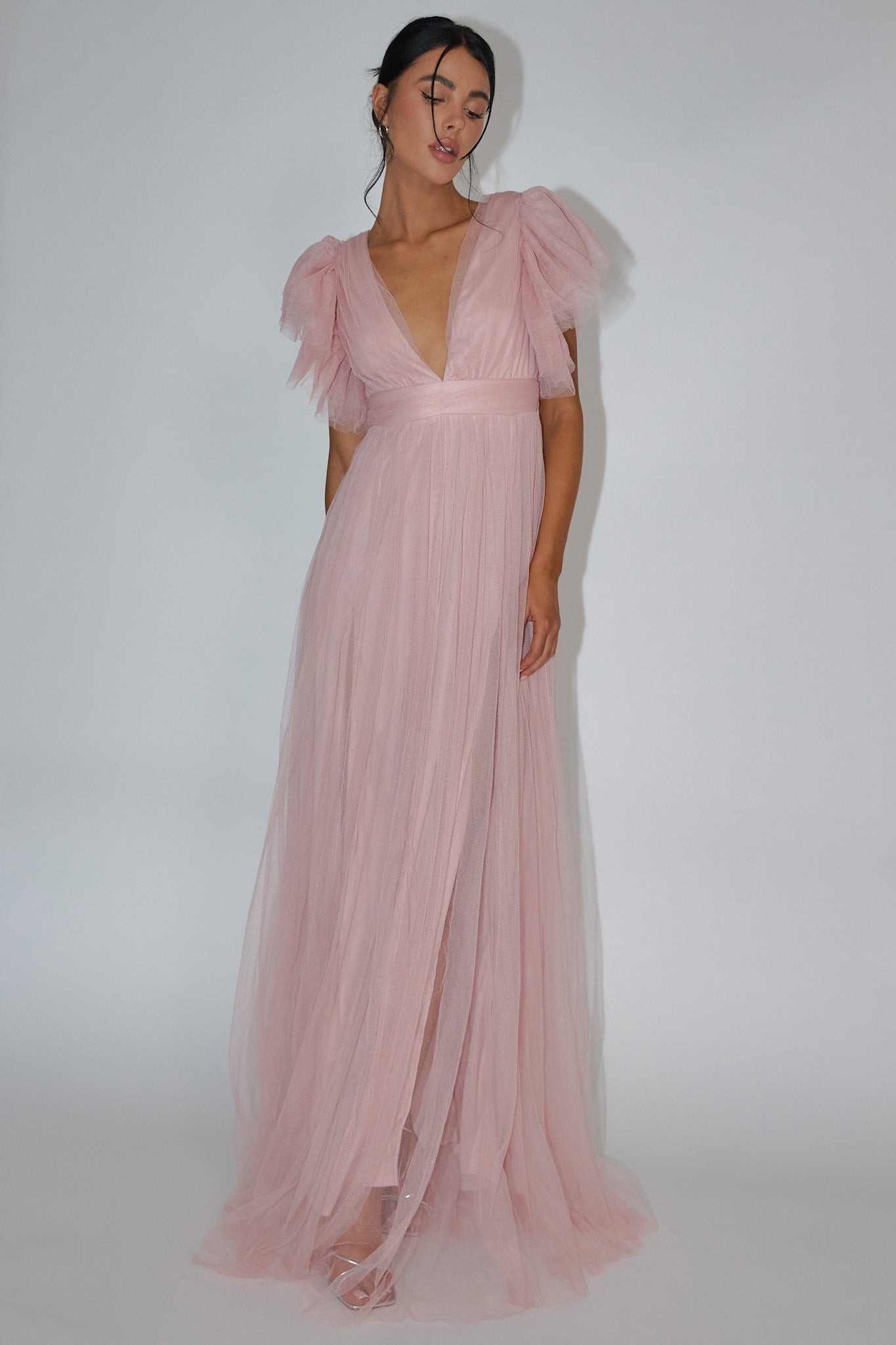 Heaven's Love Deep V-Neck Tulle Maxi Dress Blush-Maymioy