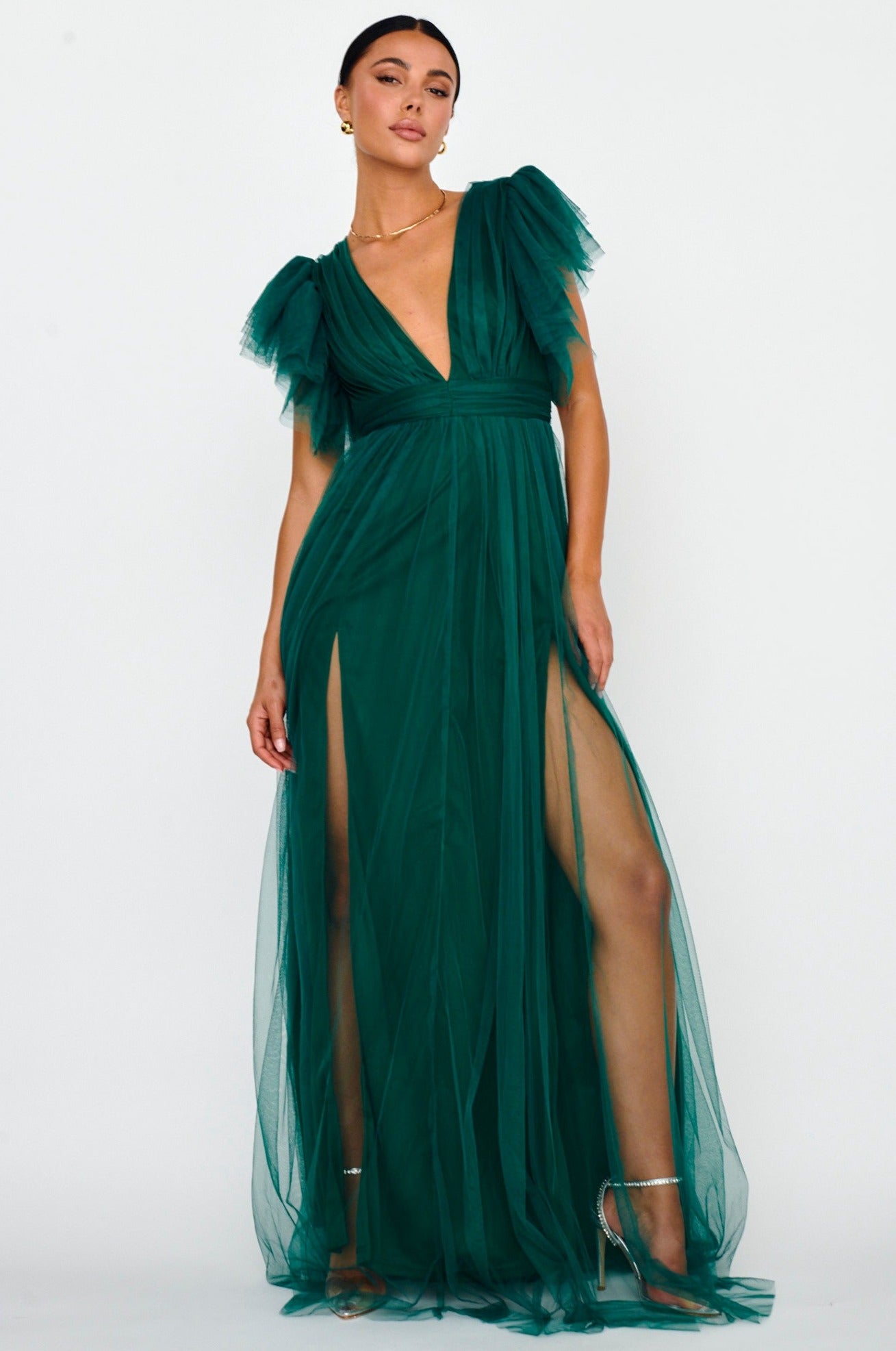 Heaven's Love Deep V-Neck Tulle Maxi Dress Hunter Green-Maymioy