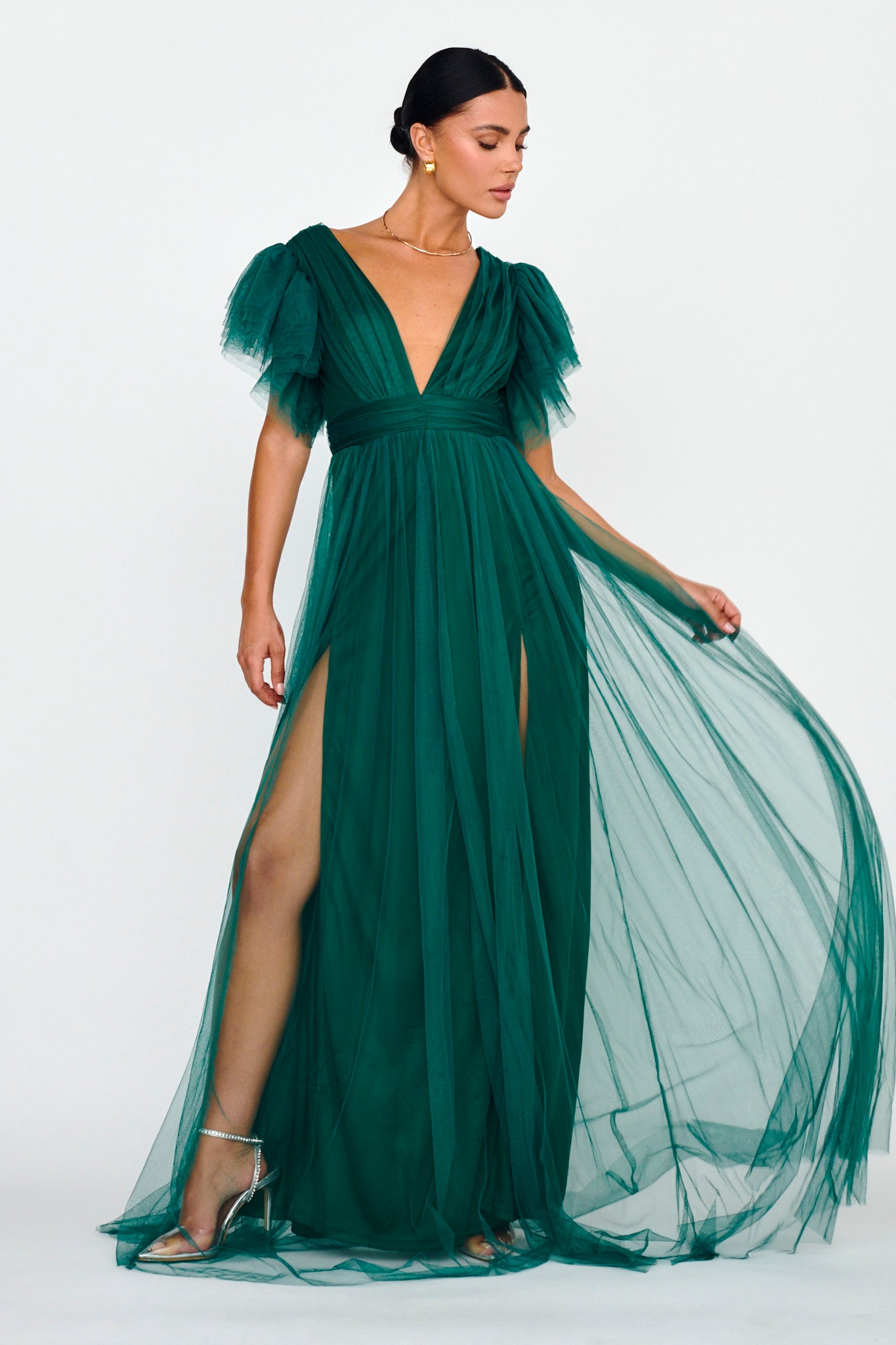 Heaven's Love Deep V-Neck Tulle Maxi Dress Hunter Green-Maymioy