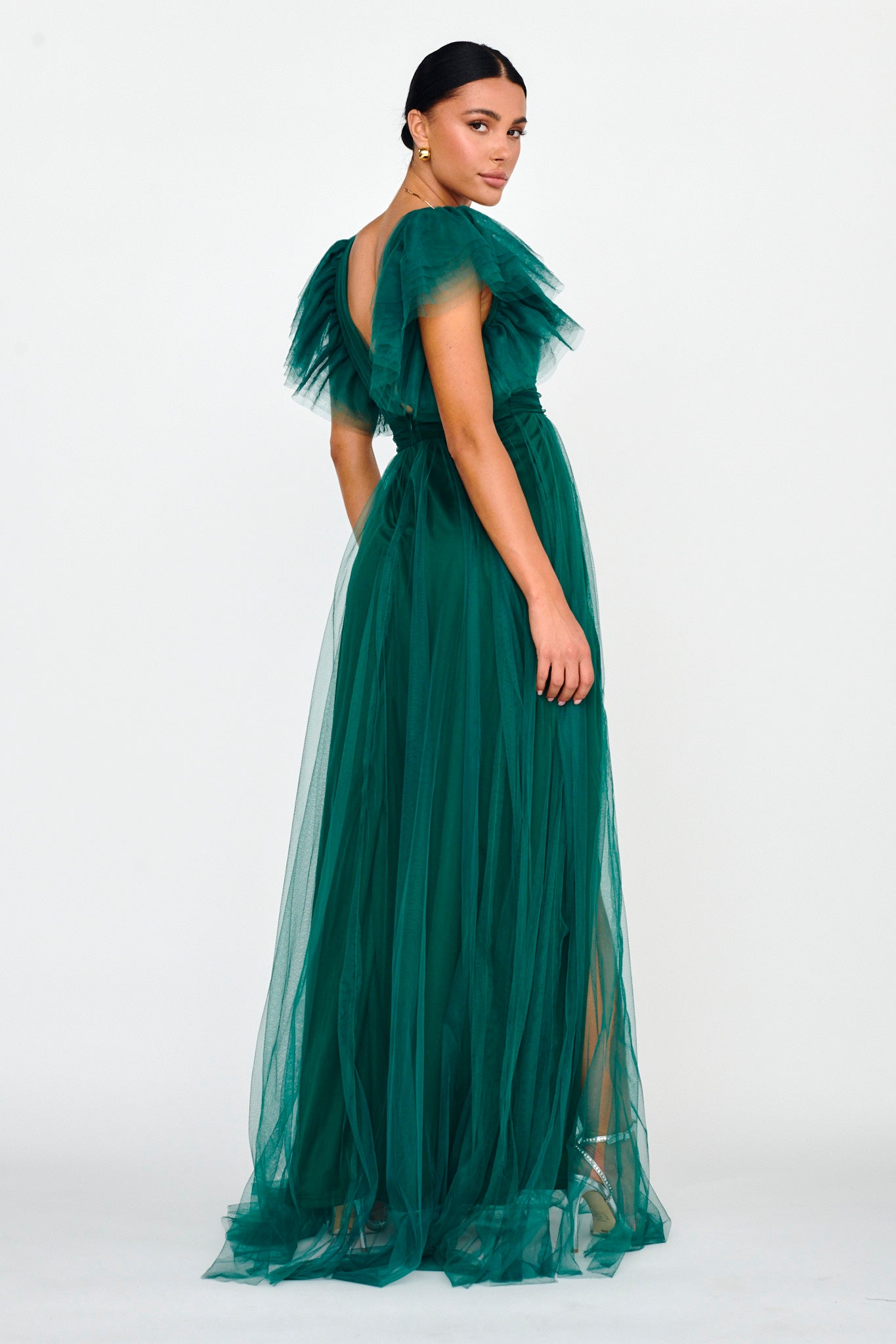 Heaven's Love Deep V-Neck Tulle Maxi Dress Hunter Green-Maymioy