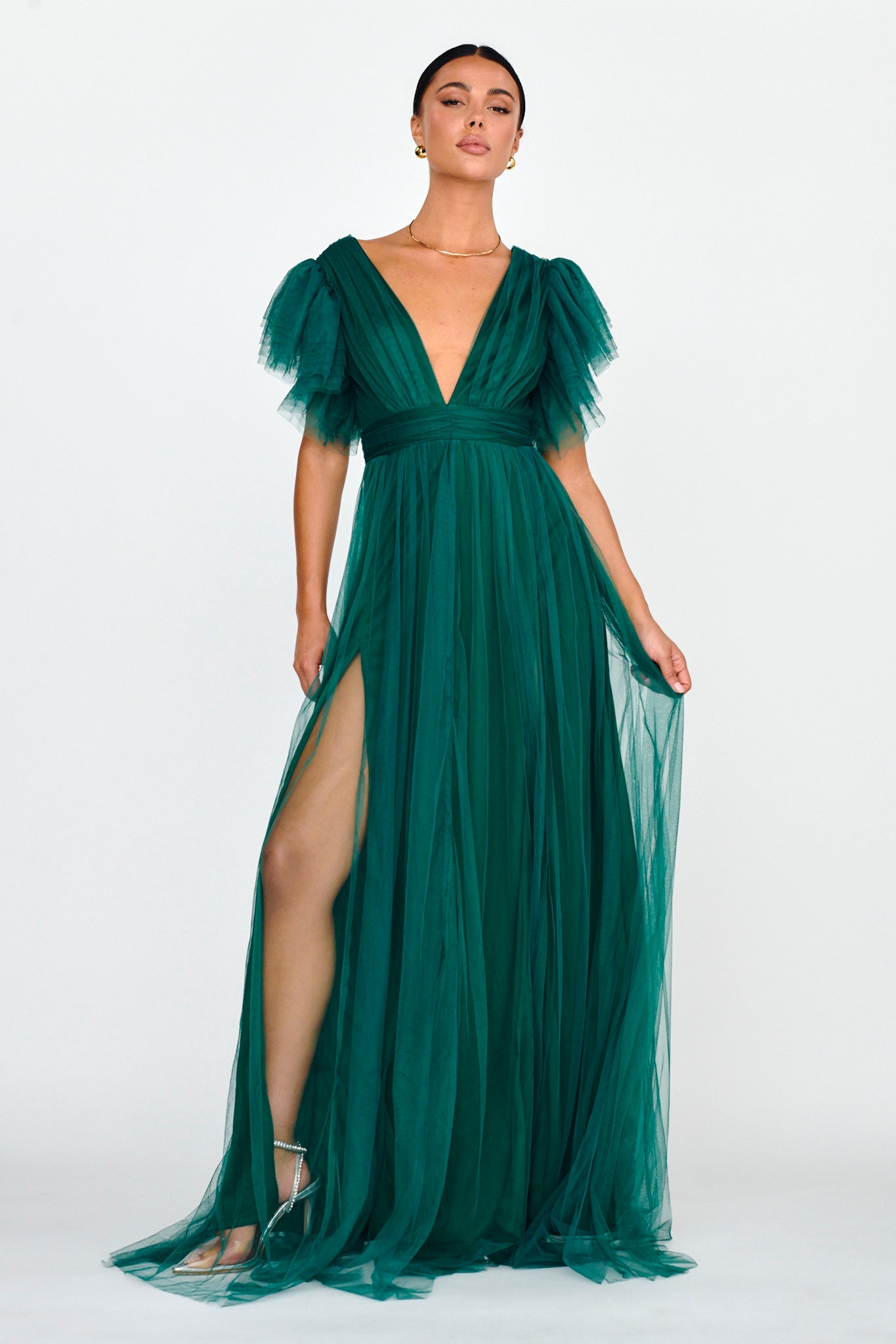 Heaven's Love Deep V-Neck Tulle Maxi Dress Hunter Green-Maymioy