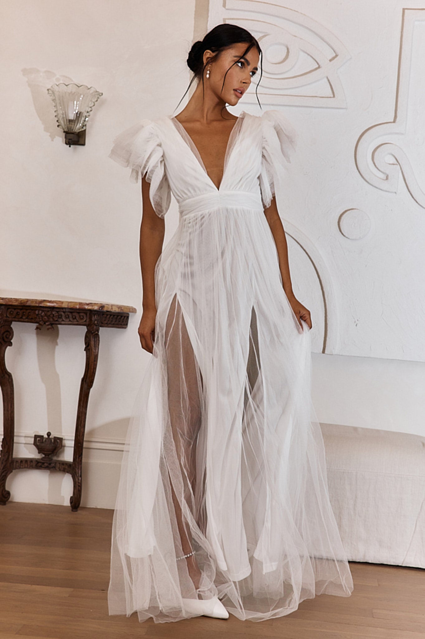Heaven's Love Deep V-Neck Tulle Maxi Dress White-Maymioy
