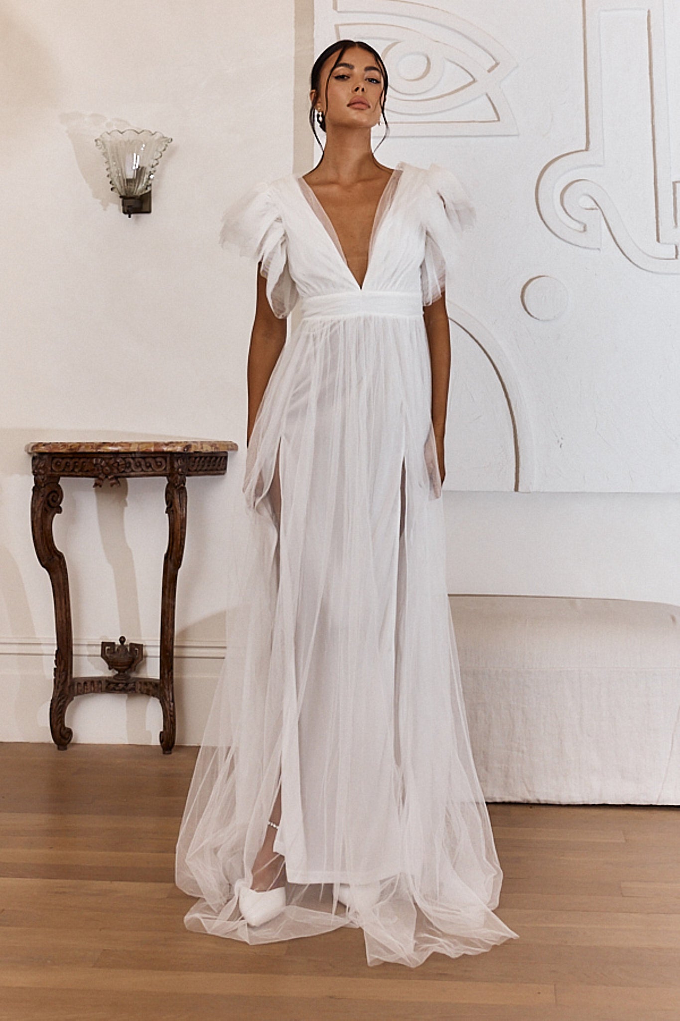 Heaven's Love Deep V-Neck Tulle Maxi Dress White-Maymioy