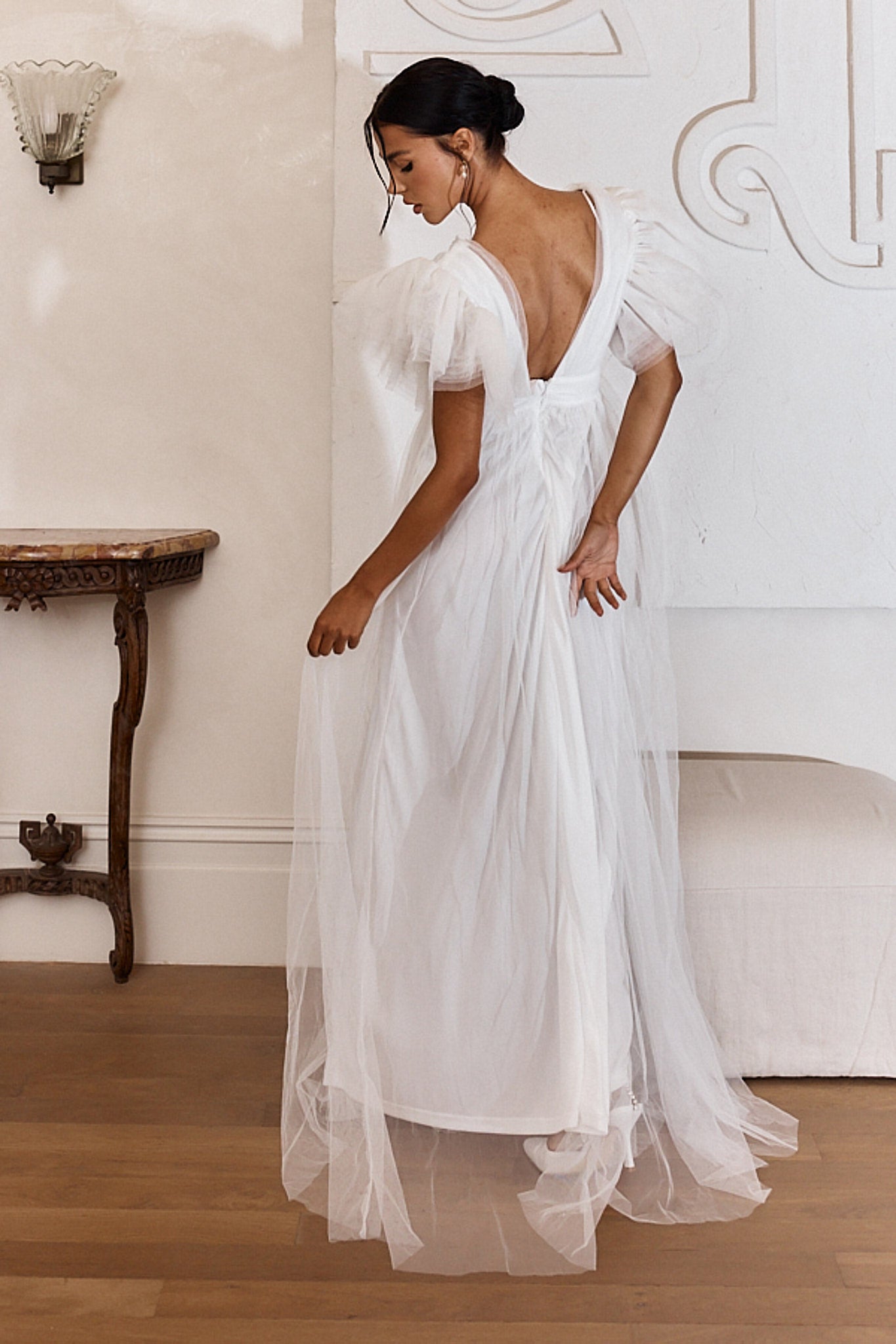 Heaven's Love Deep V-Neck Tulle Maxi Dress White-Maymioy