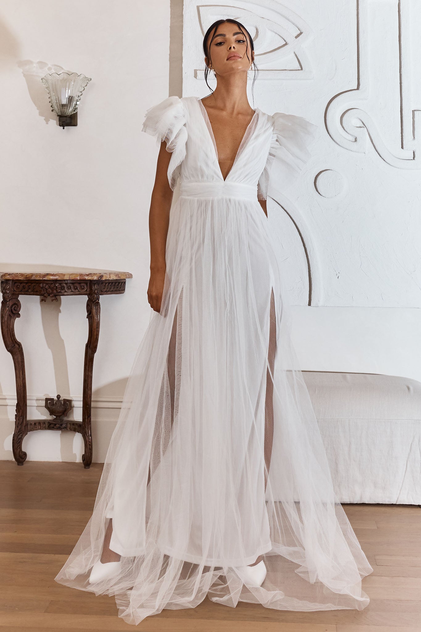 Heaven's Love Deep V-Neck Tulle Maxi Dress White-Maymioy