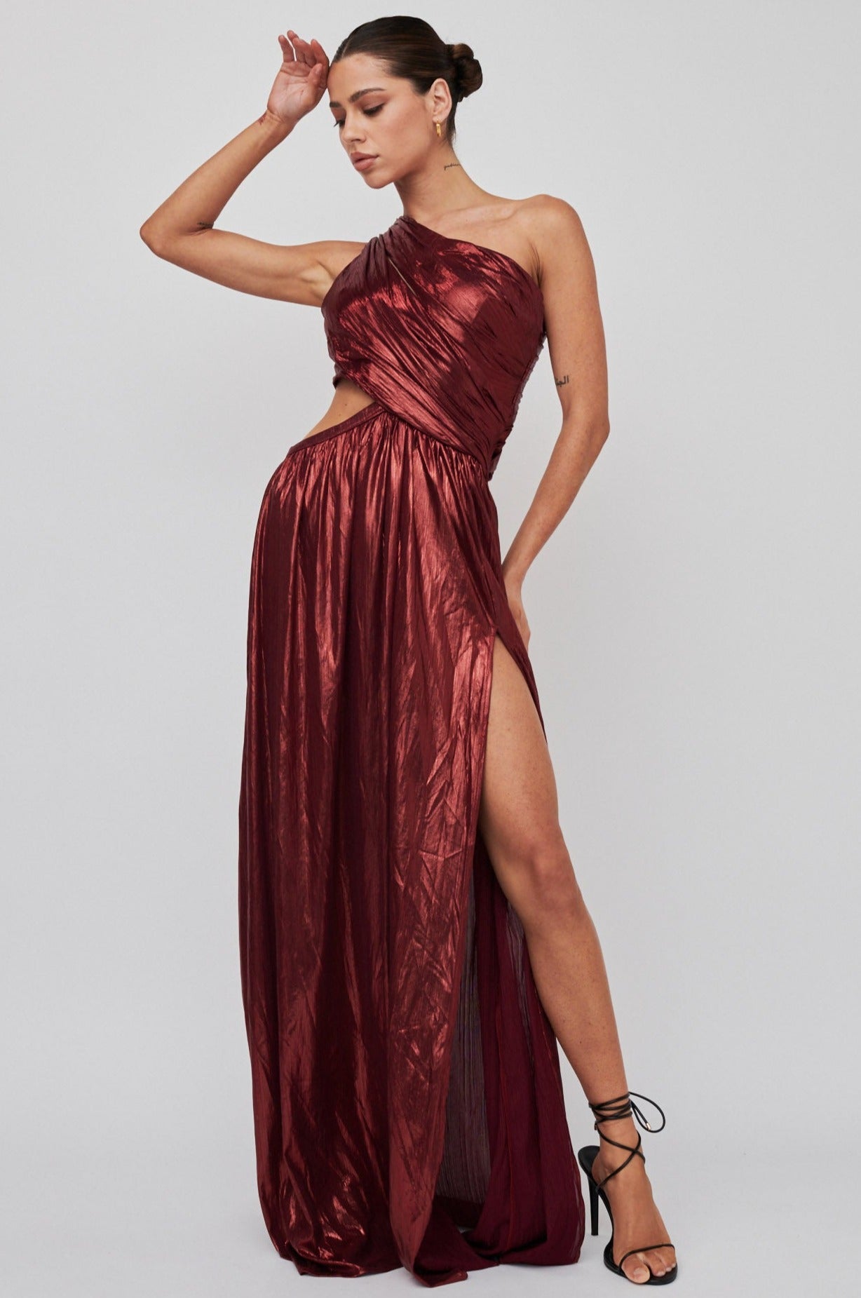 Fortuna One Shoulder Split Maxi Dress Wine-Maymioy