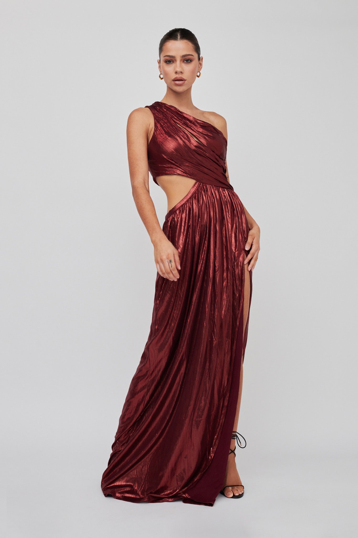 Fortuna One Shoulder Split Maxi Dress Wine-Maymioy