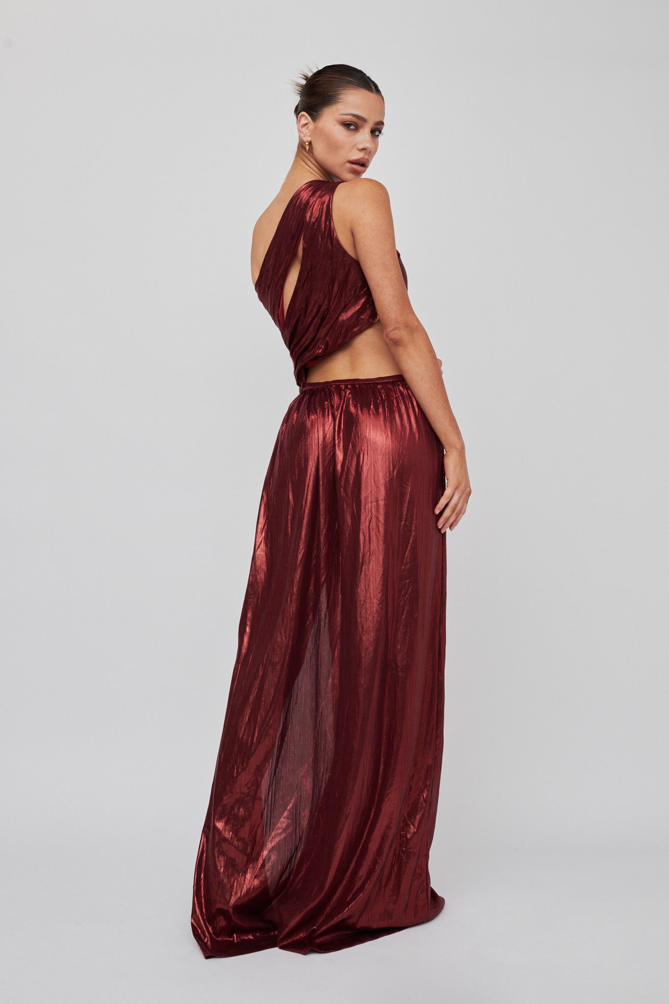 Fortuna One Shoulder Split Maxi Dress Wine-Maymioy