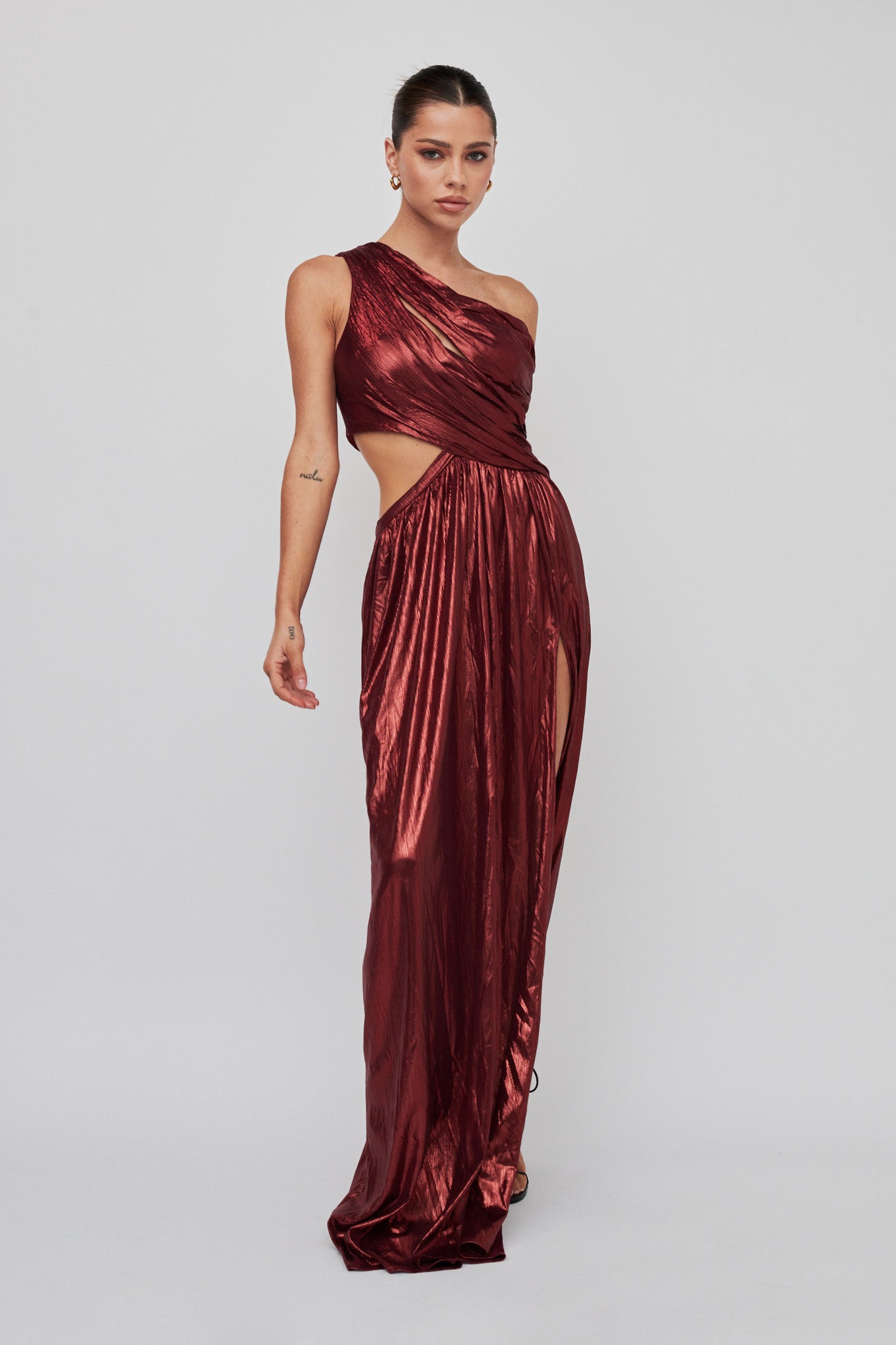 Fortuna One Shoulder Split Maxi Dress Wine-Maymioy