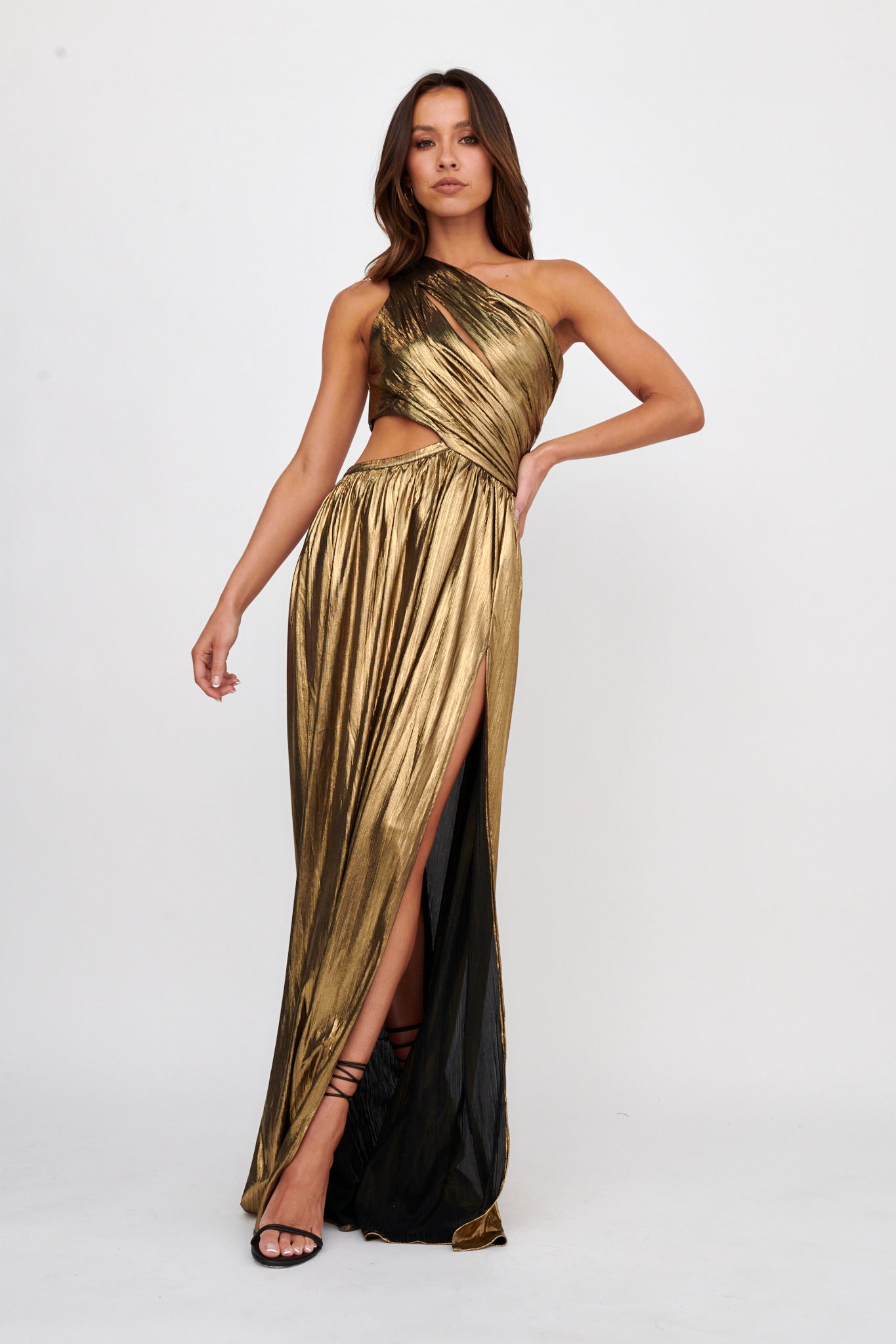 Fortuna One Shoulder Split Maxi Dress Black/Gold-Maymioy