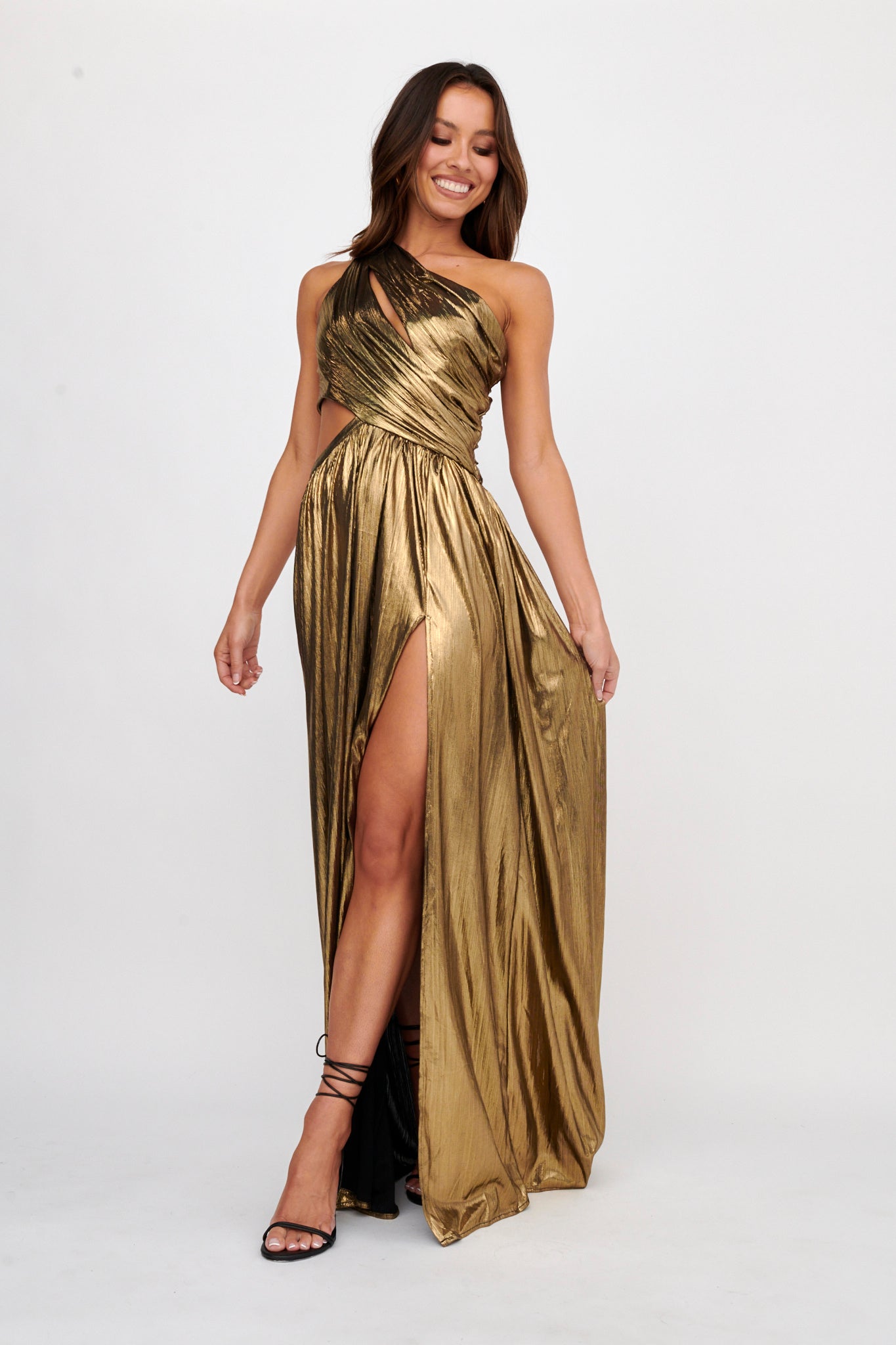 Fortuna One Shoulder Split Maxi Dress Black/Gold-Maymioy