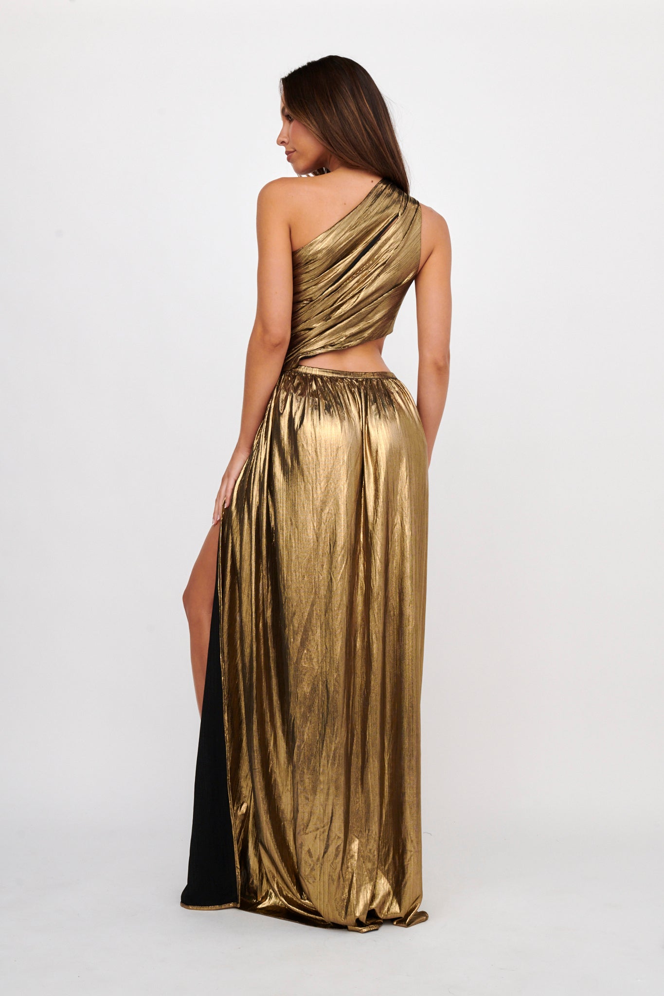 Fortuna One Shoulder Split Maxi Dress Black/Gold-Maymioy