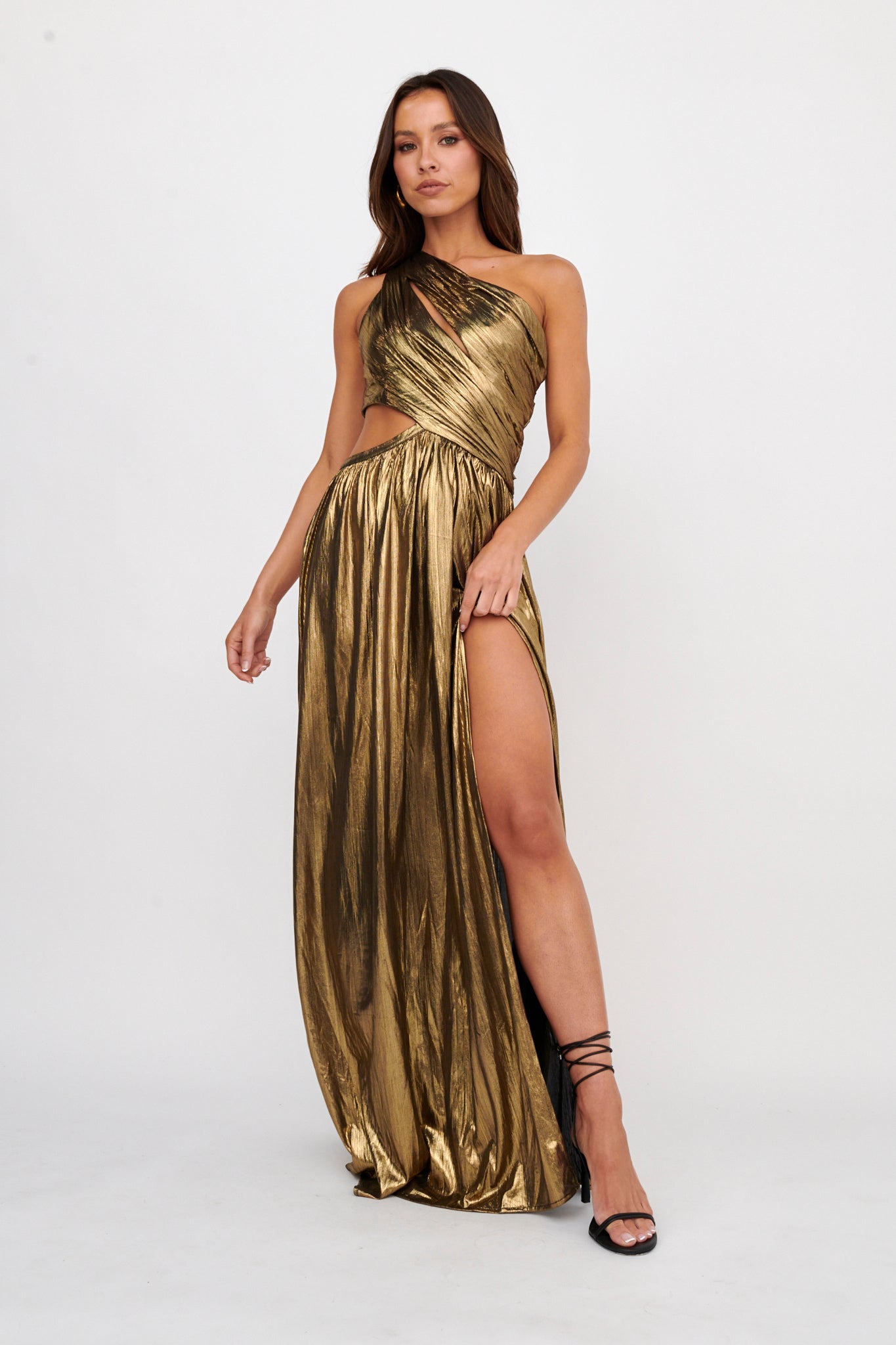 Fortuna One Shoulder Split Maxi Dress Black/Gold-Maymioy