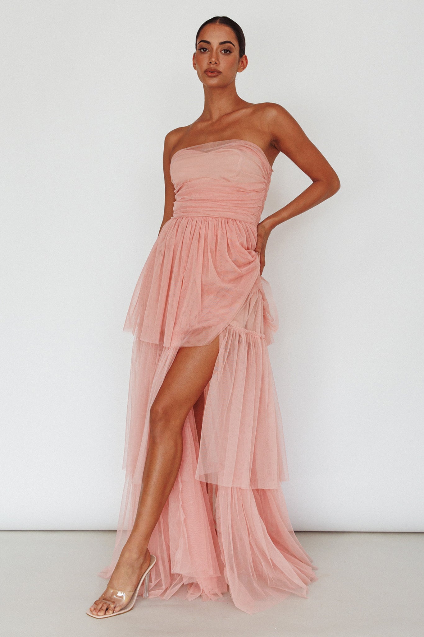 Haeven Tiered Strapless Maxi Dress Blush-Maymioy