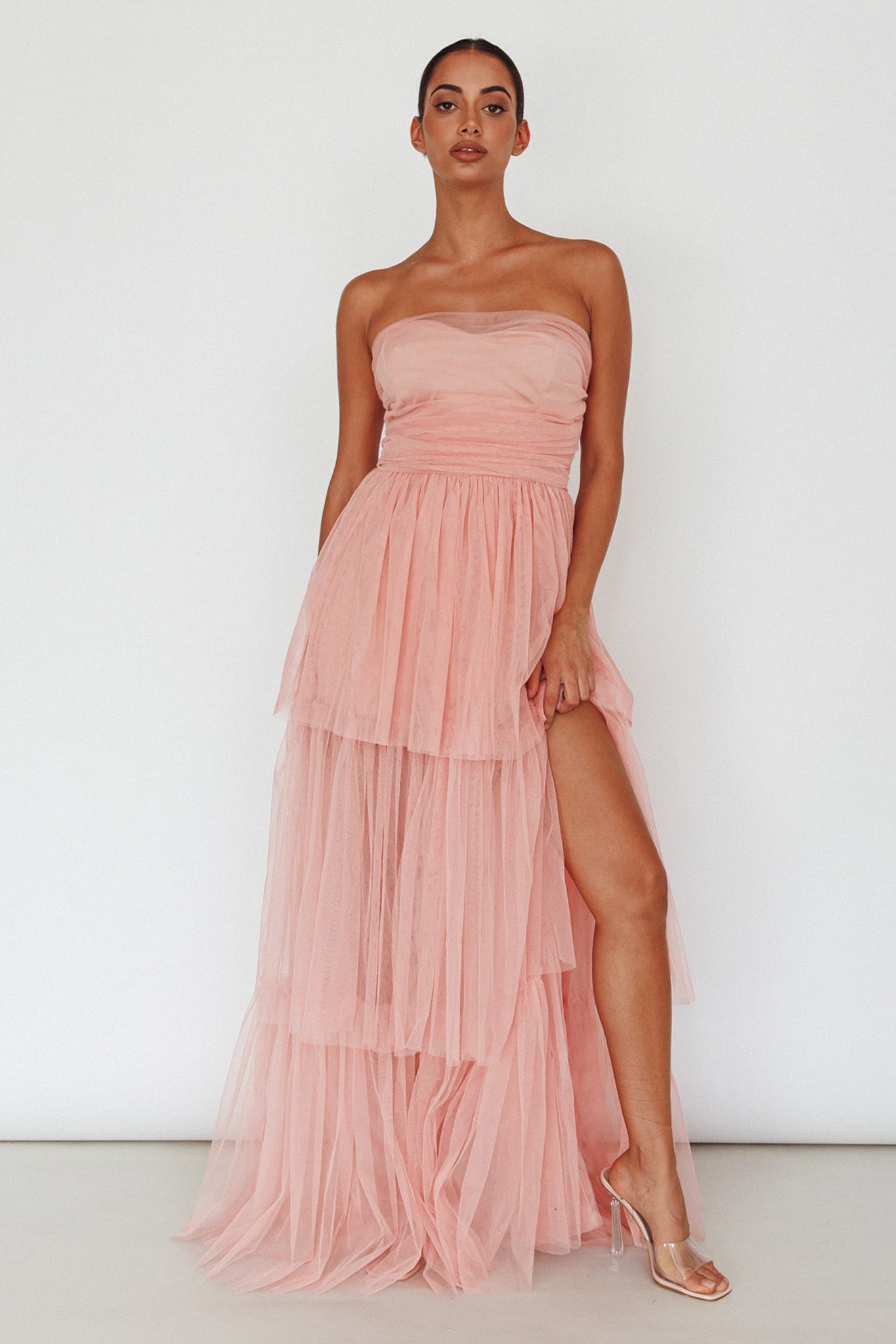 Haeven Tiered Strapless Maxi Dress Blush-Maymioy