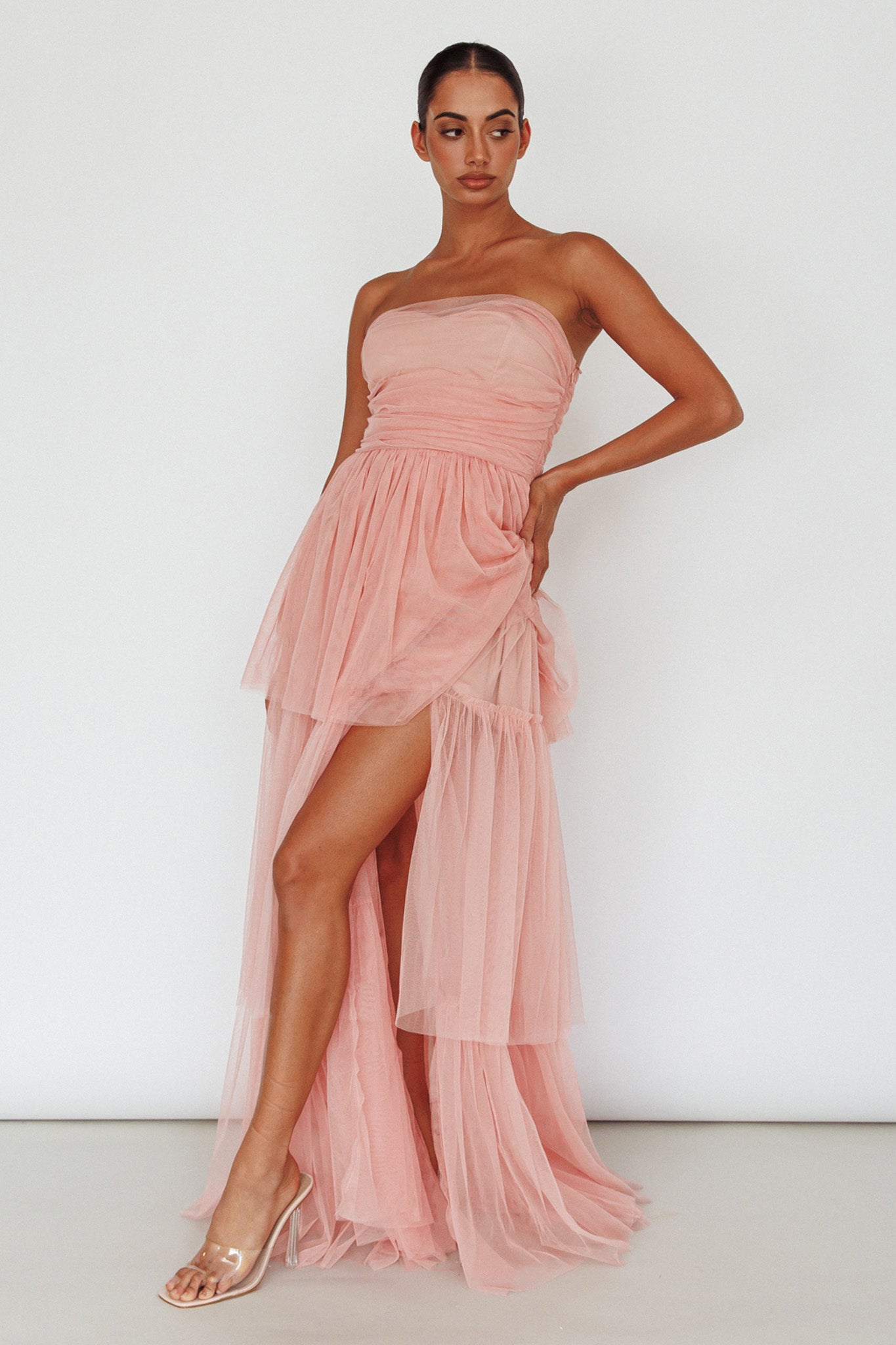 Haeven Tiered Strapless Maxi Dress Blush-Maymioy