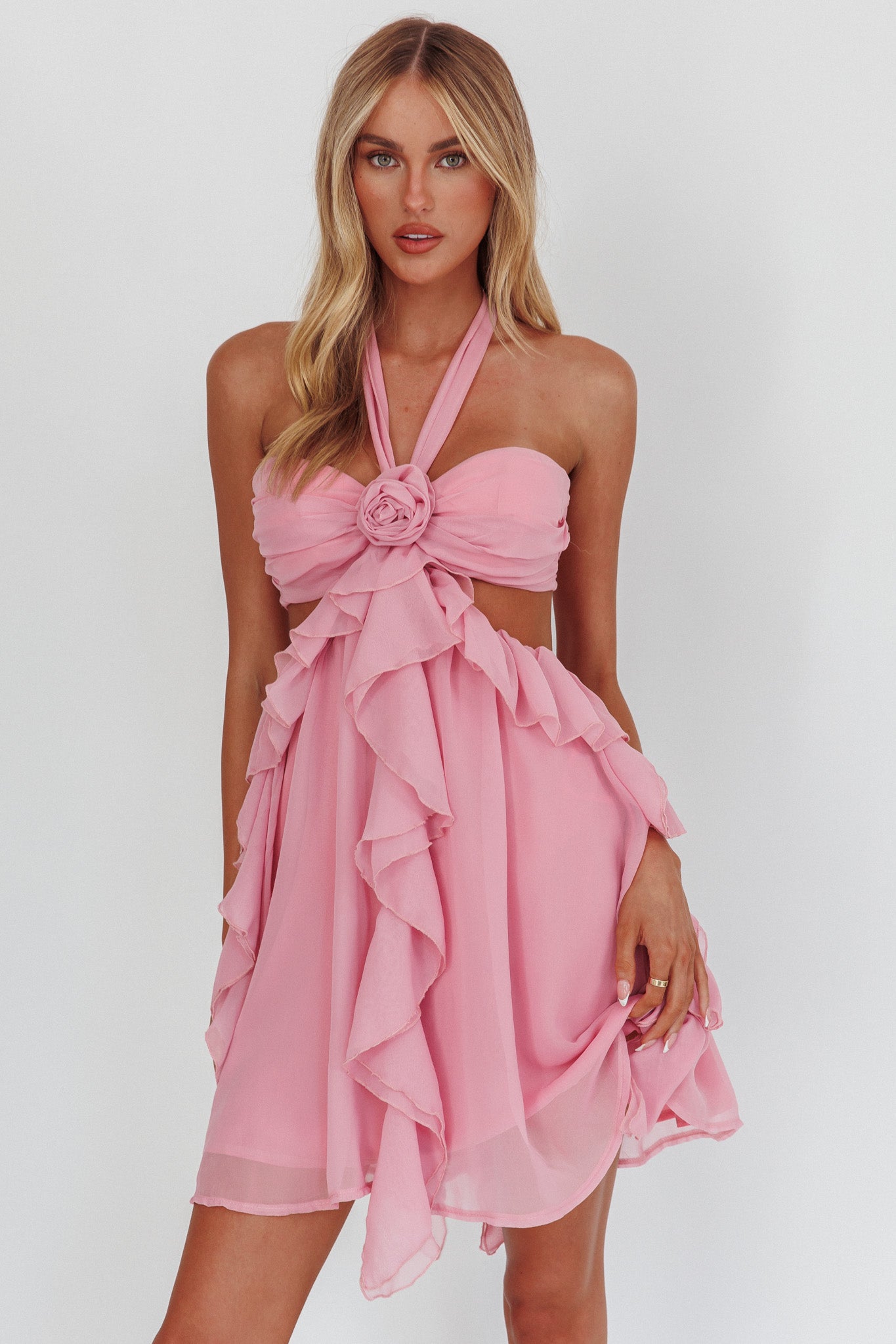 Santiago Cut-Out Ruffle Mini Dress Blush-Maymioy