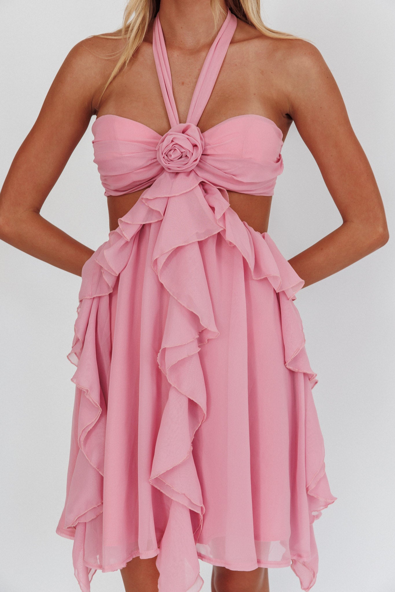 Santiago Cut-Out Ruffle Mini Dress Blush-Maymioy