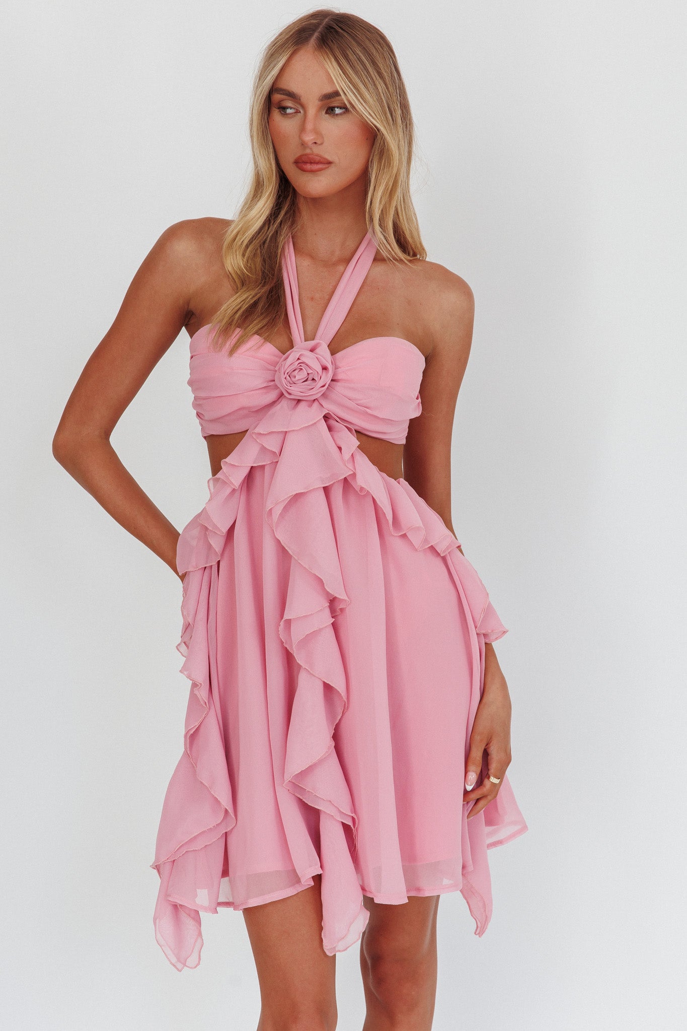 Santiago Cut-Out Ruffle Mini Dress Blush-Maymioy