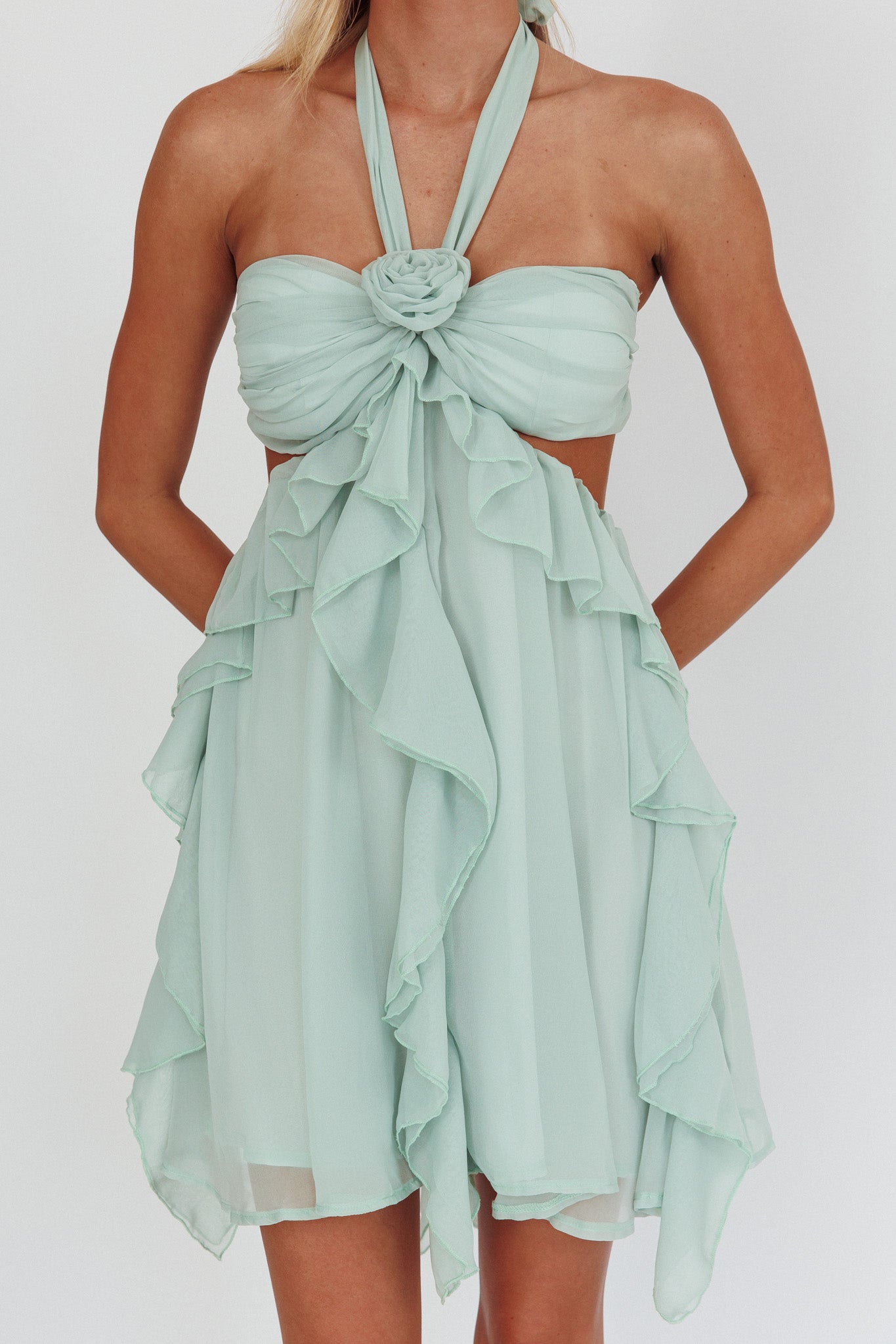 Santiago Cut-Out Ruffle Mini Dress Sage-Maymioy