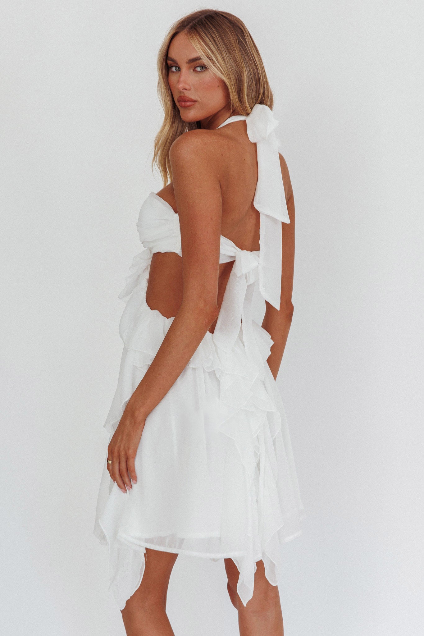 Santiago Cut-Out Ruffle Mini Dress White-Maymioy