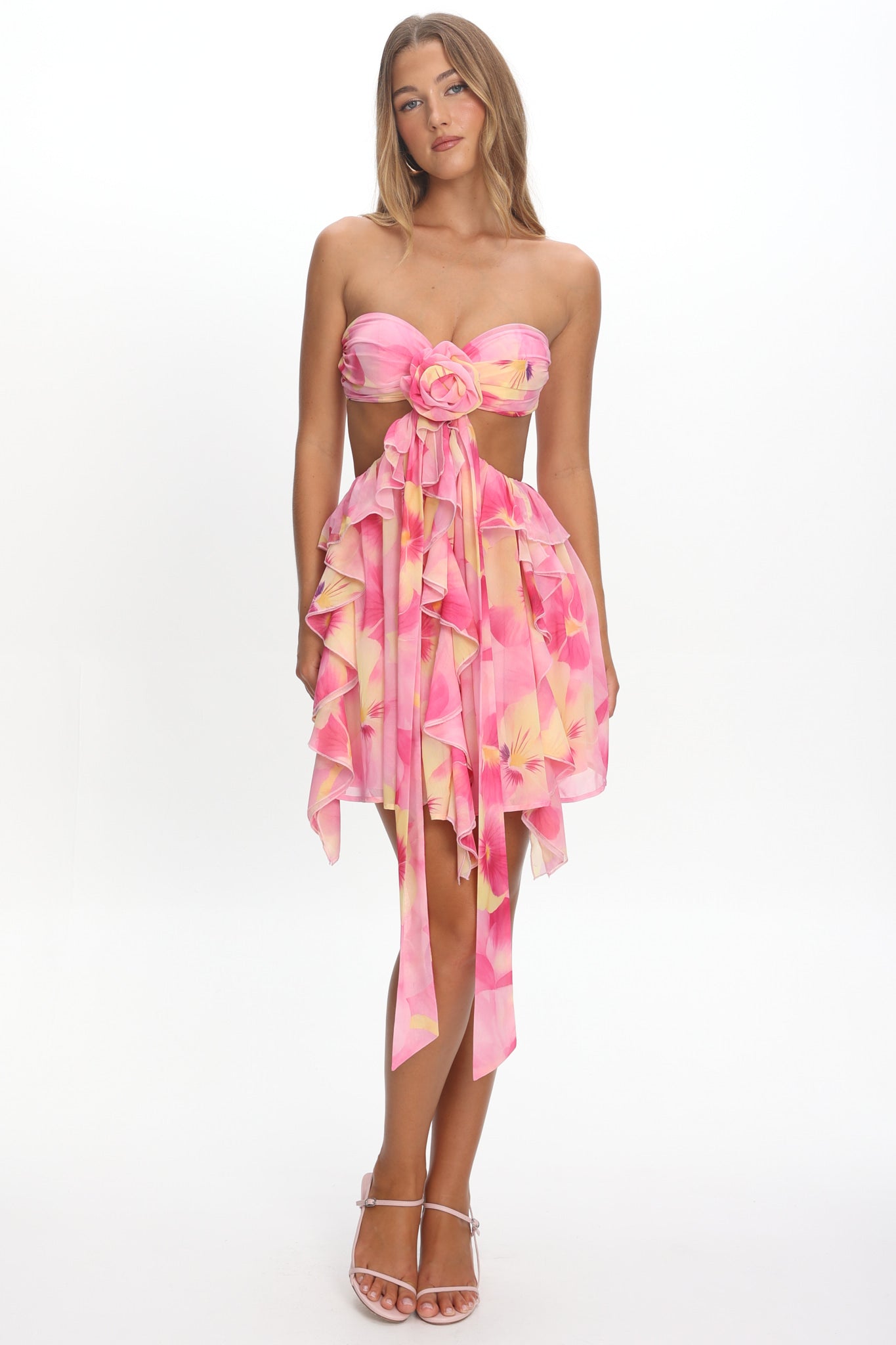 Santiago Cut-Out Ruffle Mini Dress Print Pink-Maymioy