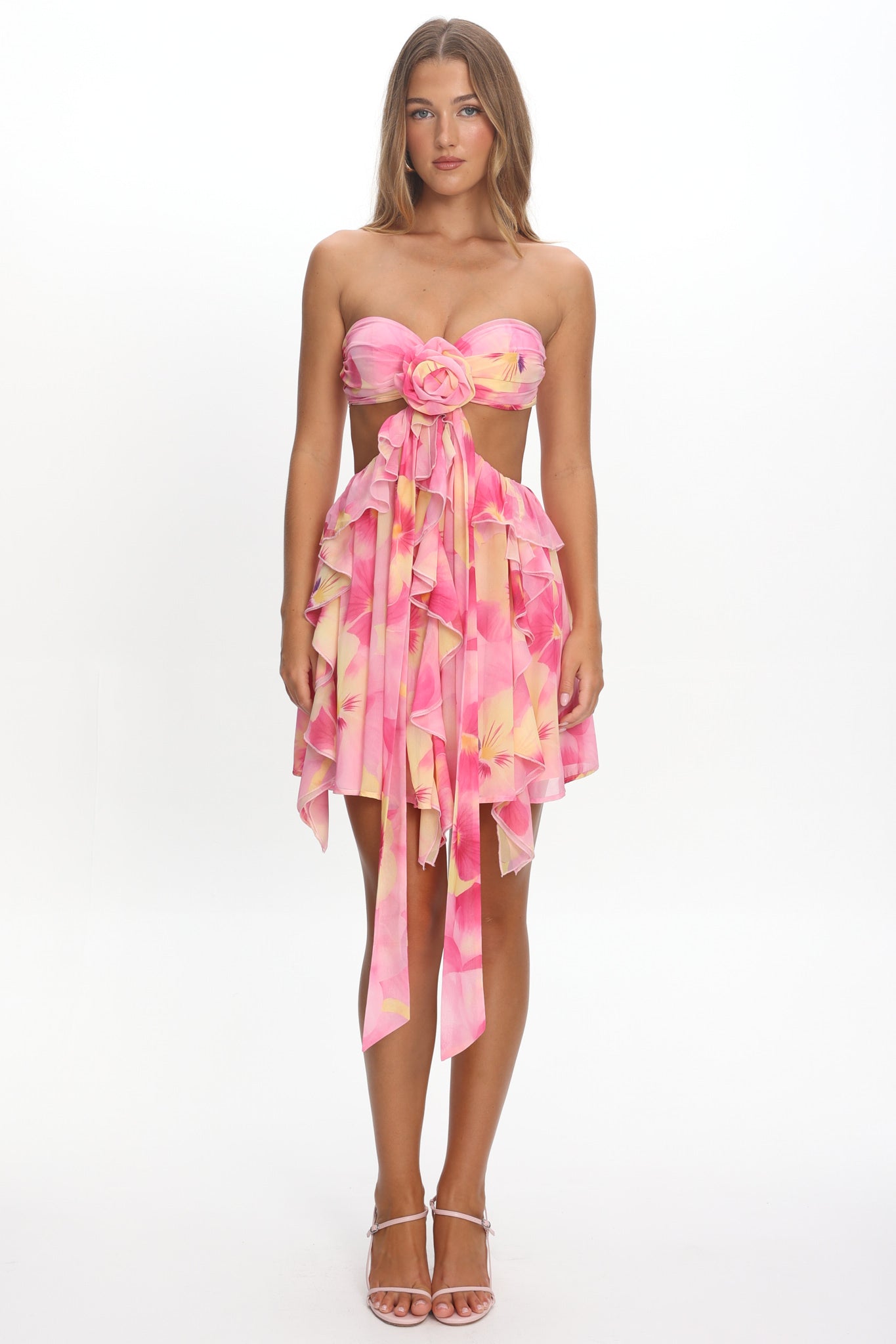 Santiago Cut-Out Ruffle Mini Dress Print Pink-Maymioy