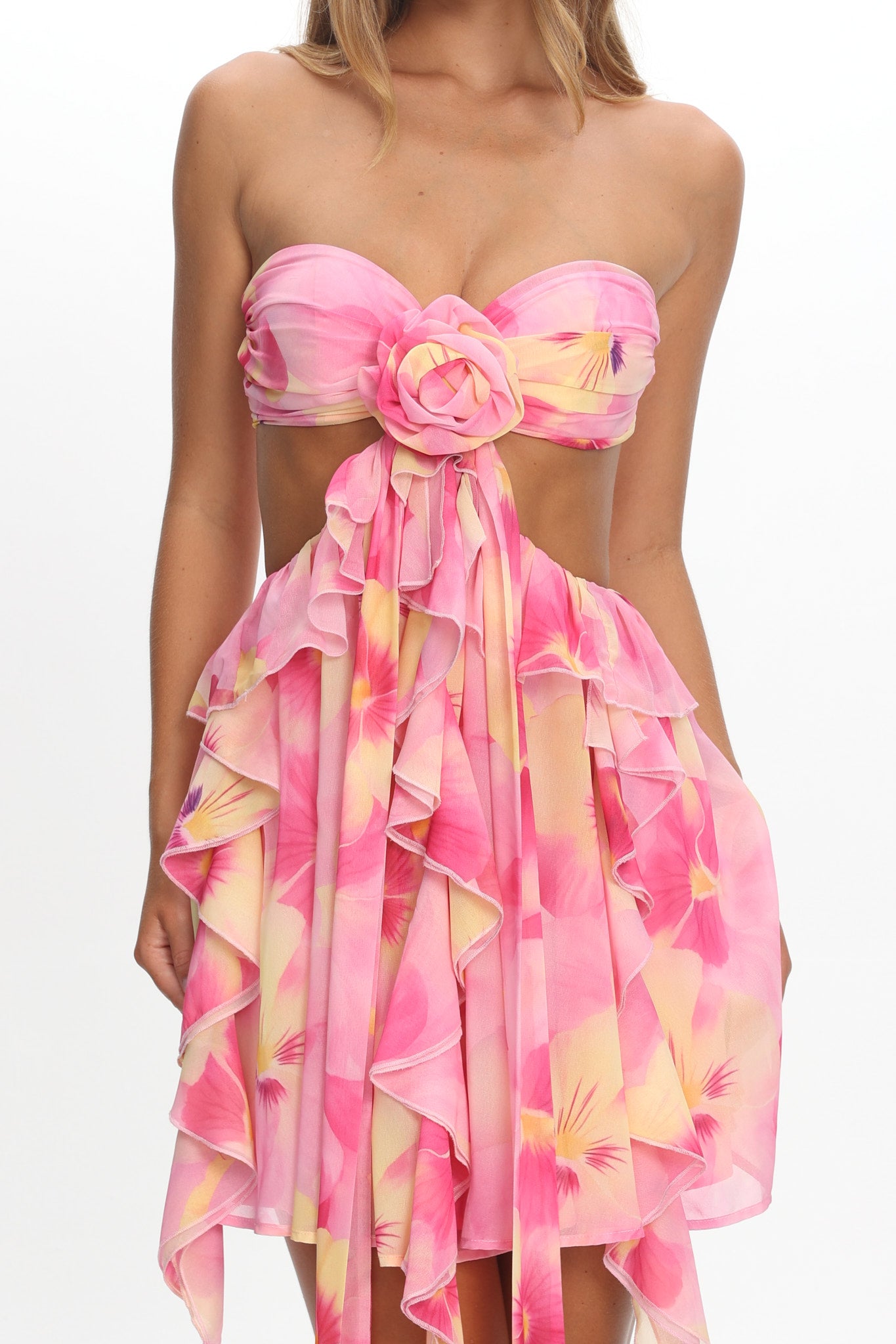 Santiago Cut-Out Ruffle Mini Dress Print Pink-Maymioy