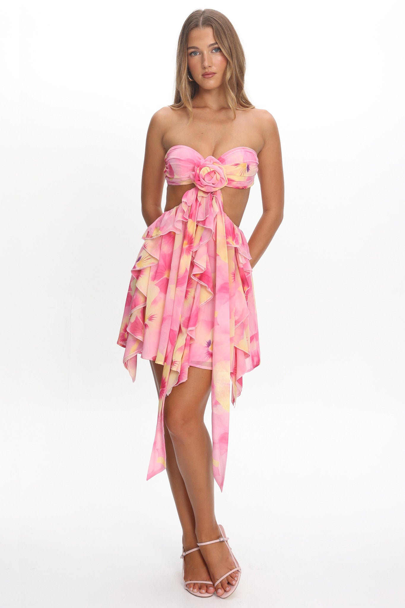 Santiago Cut-Out Ruffle Mini Dress Print Pink-Maymioy