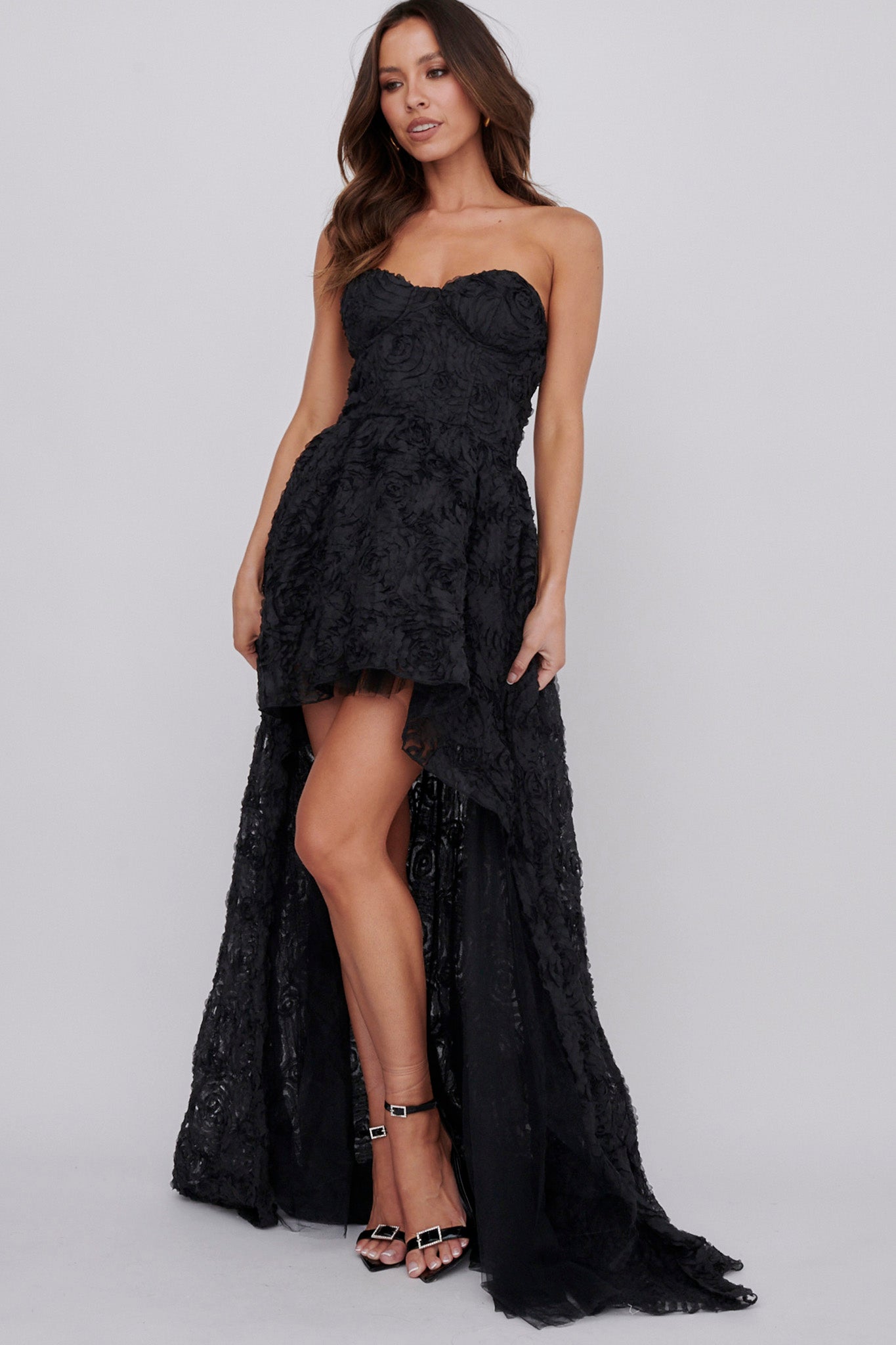Jeannie High-Low Embellished Mini Dress Black-Maymioy