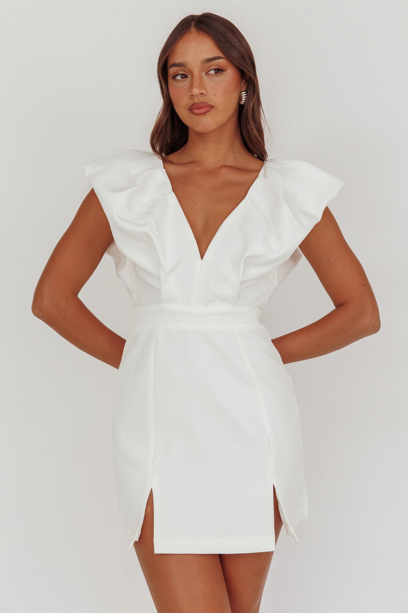 Liardon Bubble Sleeve V-Neckline Mini Dress White-Maymioy