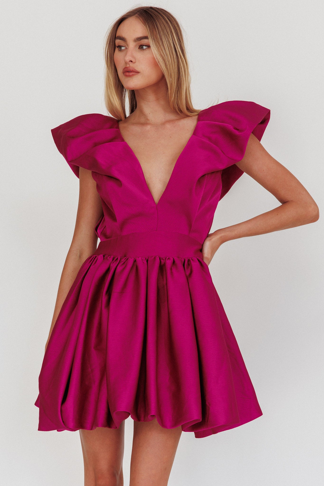 Hidden Heart Bubble Hem Mini Dress Magenta-Maymioy