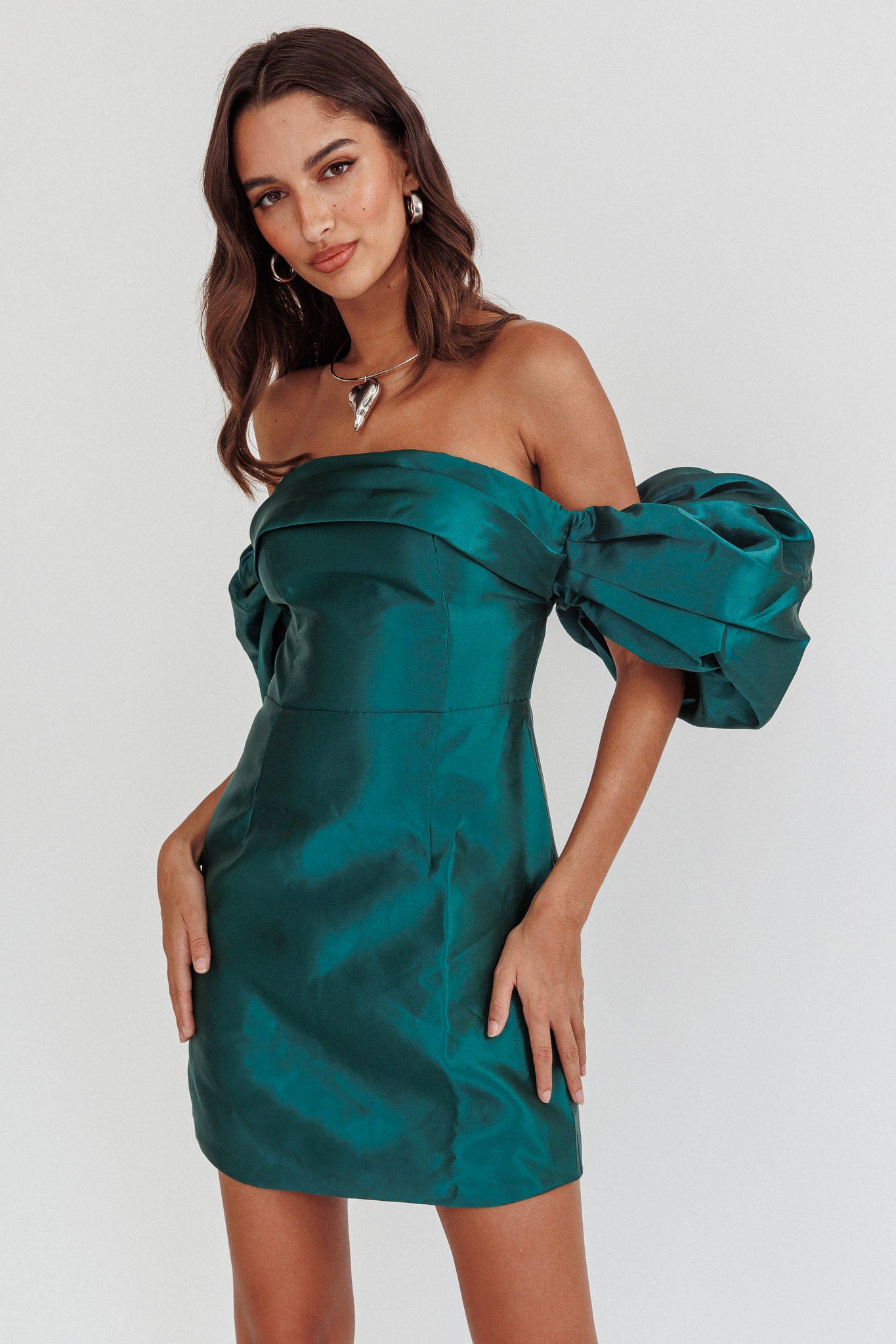 Lovers Rock Puff Sleeve Strapless Mini Dress Hunter Green-Maymioy