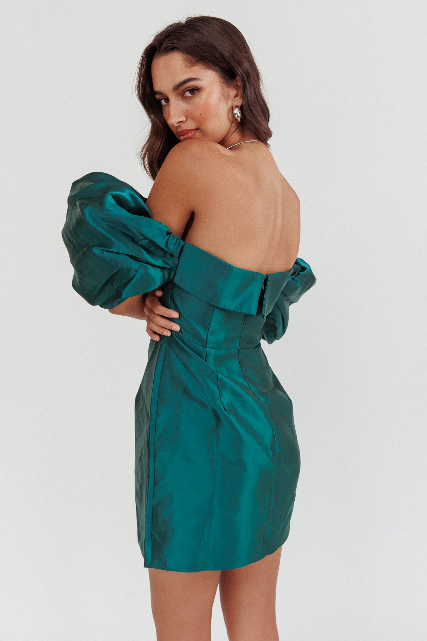 Lovers Rock Puff Sleeve Strapless Mini Dress Hunter Green-Maymioy