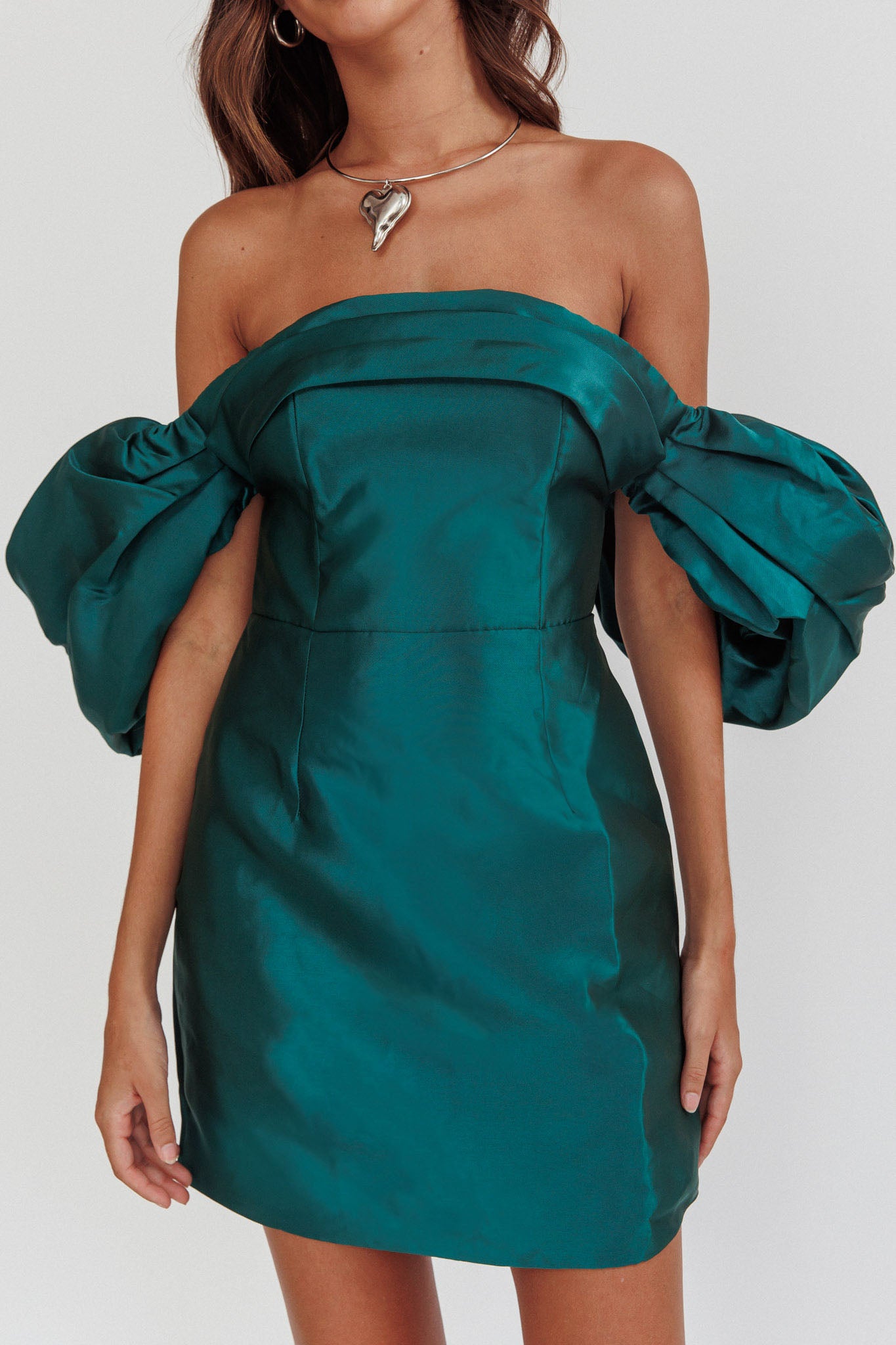 Lovers Rock Puff Sleeve Strapless Mini Dress Hunter Green-Maymioy