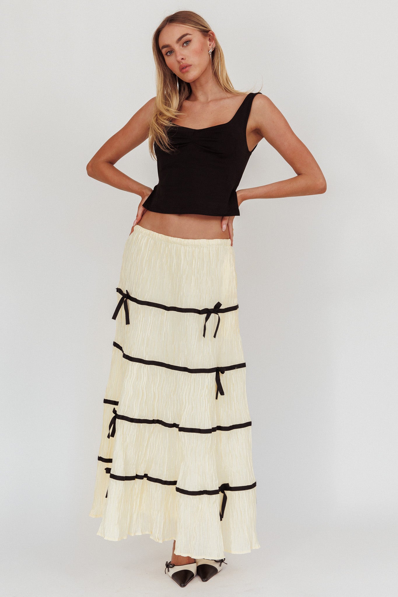 Tunnel Of Love Contrast Bow A-Line Maxi Skirt Natural-Maymioy