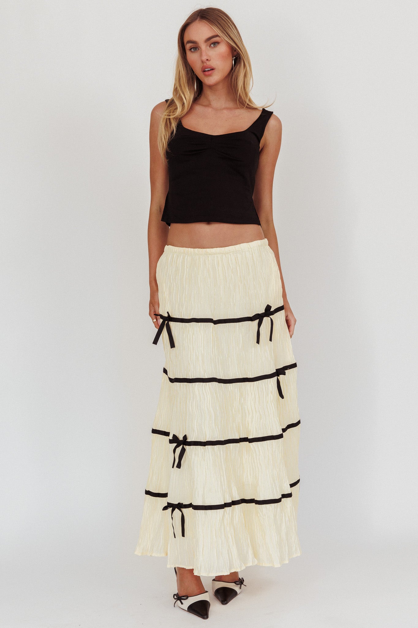 Tunnel Of Love Contrast Bow A-Line Maxi Skirt Natural-Maymioy