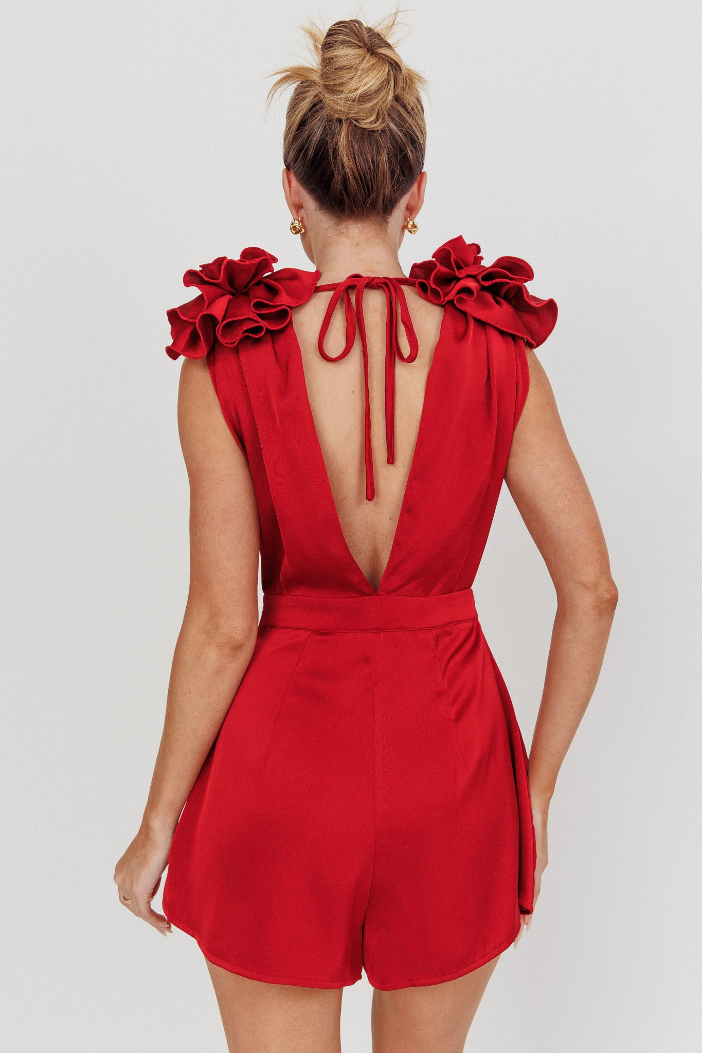 Superstar Draped Cowl Neck Rosettes Romper Wine-Maymioy